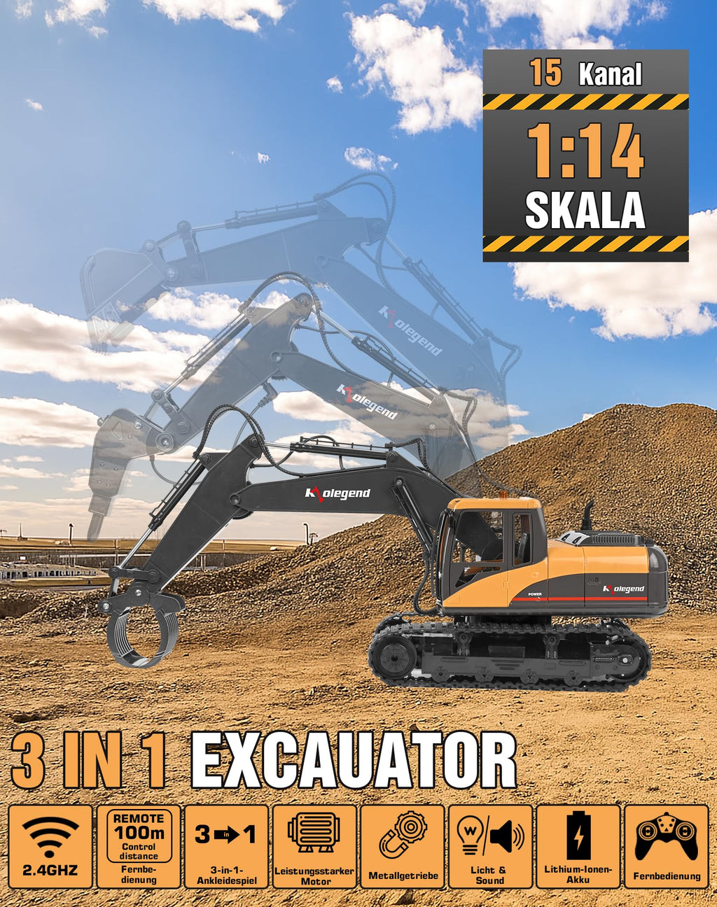 kolegend 3 in 1 Remote Control Excavator Toy 1/14 Scale RC Excavator, 15 Channel Upgrade Full Functional Construction Vehicles with Tools Metal Breaker and Electric Gripper(Yellow/Black)