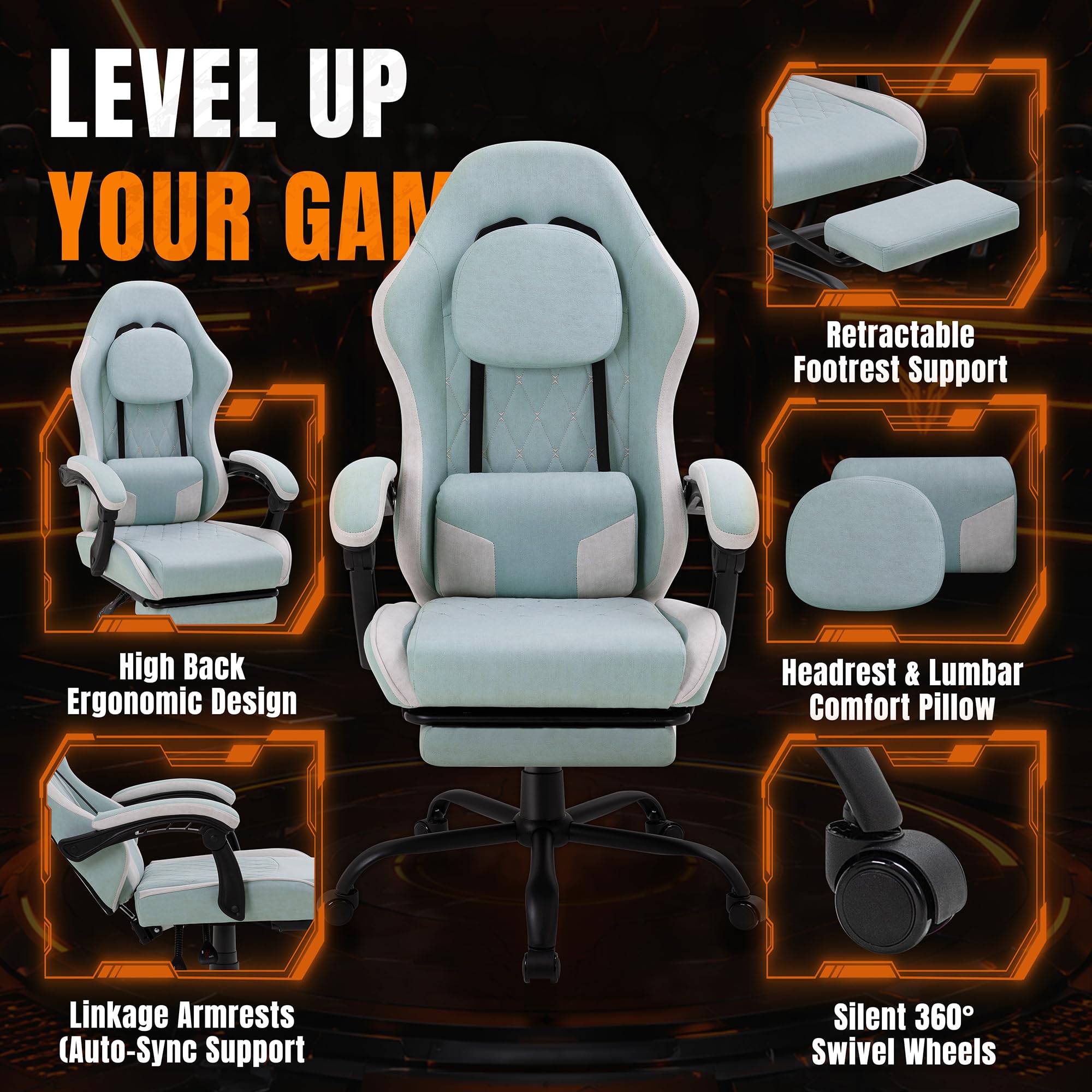 Shintenchi Big and Tall Gaming Chair Fabric Pocket Spring Cushion,High Back Recliner with Footrest and Headrest for Adults, Massage Lumbar Support for Home Office, Ergonomic Computer Desk Chair, Blue
