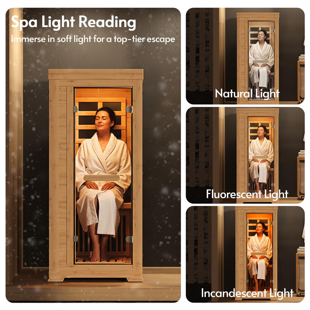 1 Person 5.2Ft Mini Infrared Sauna, 7 Color Full Spectrum Wood Dry Sauna. Canadian Hemlock Indoor Saunas with 1240W 20Min Fast Heating & Music Speakers for Home & Gym (28 Lx35 Wx63 H)