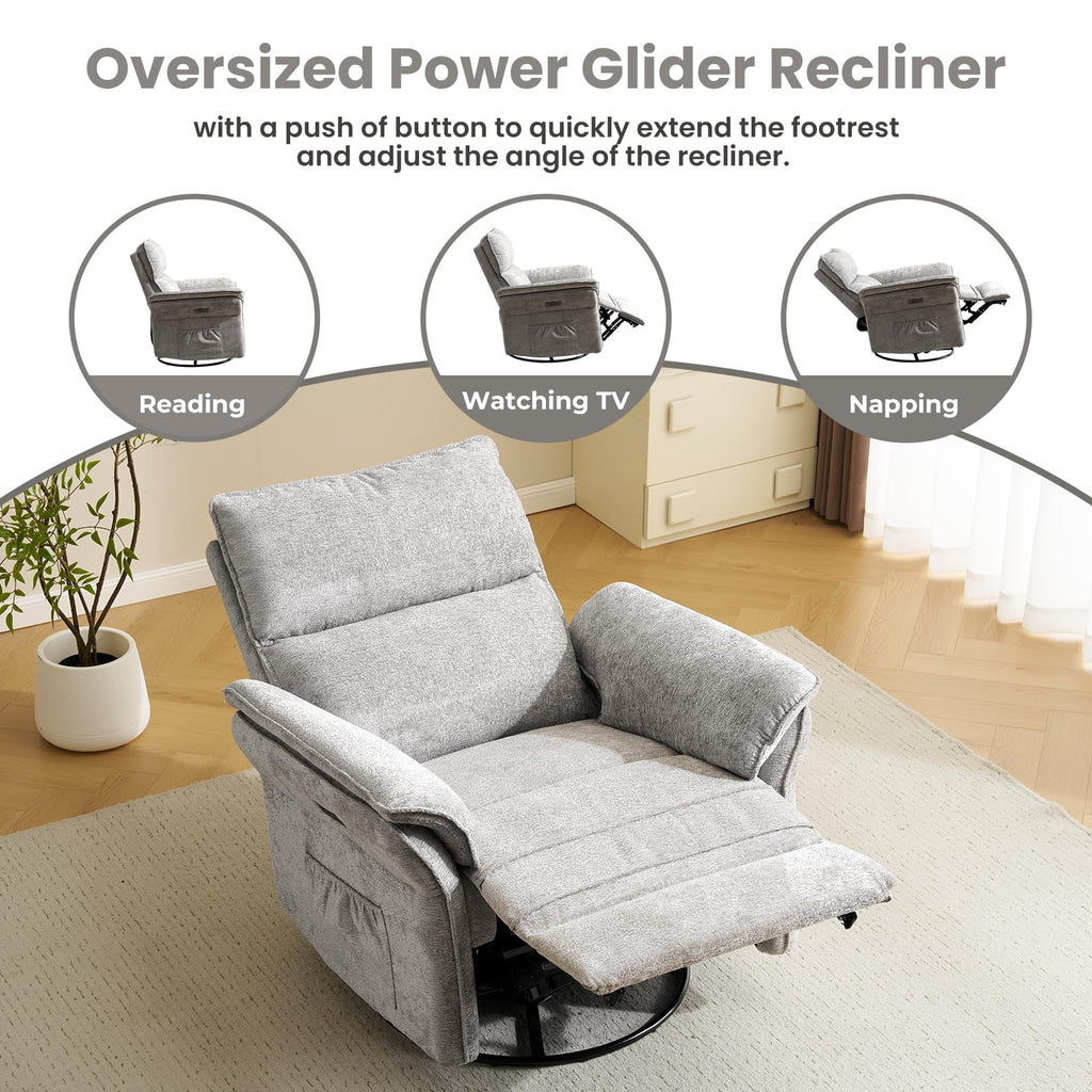 Oversized Rocking Chair Nursery with Massage and Heat, Glider Recliner Nursery Chair with Adjustable Headrest, Power Swivel Rocker Recliner Chair with USB Port, Dark Grey