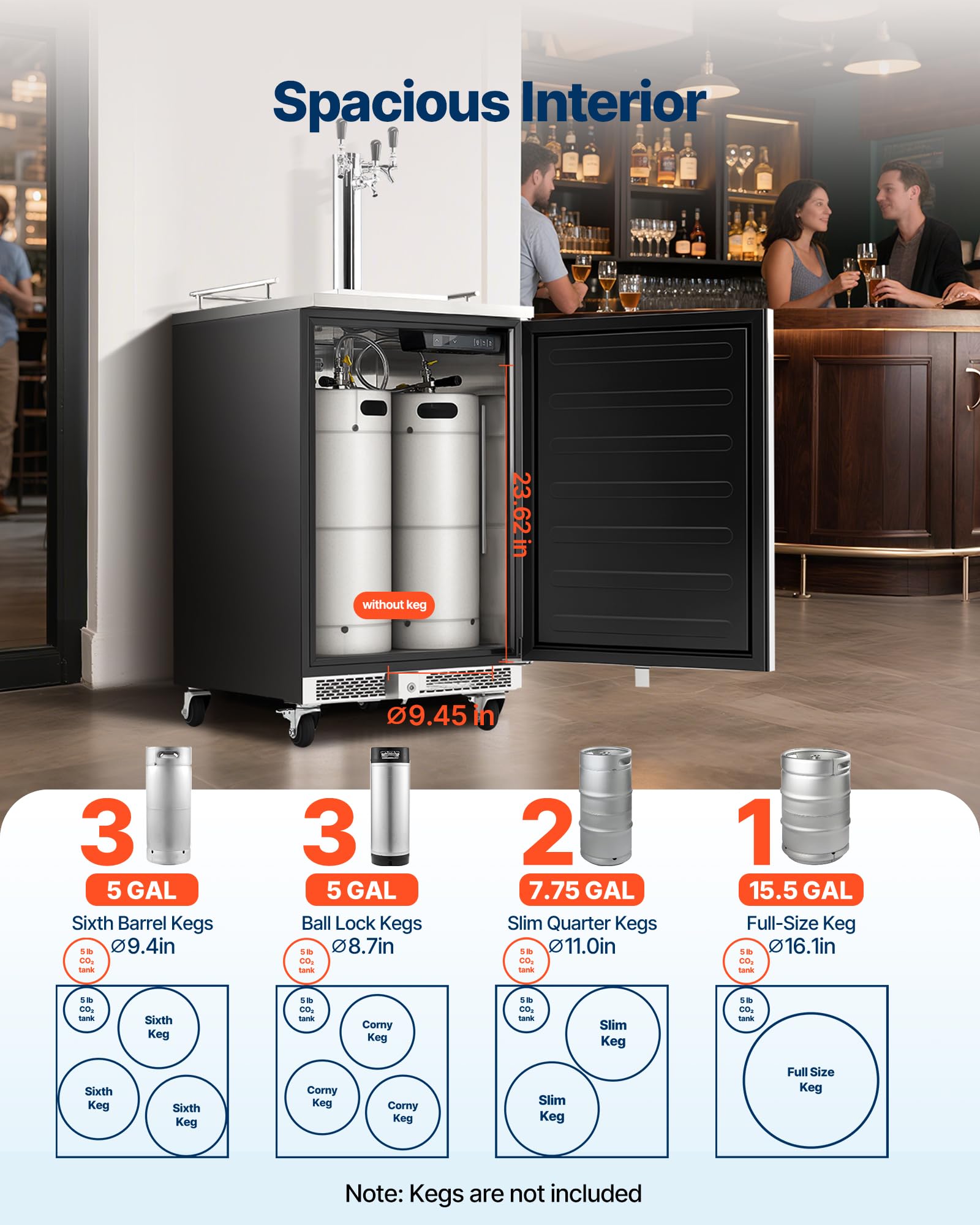 VEVOR Beer Kegerator, Dual Tap Commercial Draft Beer Dispenser for D system, Full Size Keg Refrigerator with 5lbs CO2 Tank, Hold 2 Sixth / 2 Ball lock keg, Black
