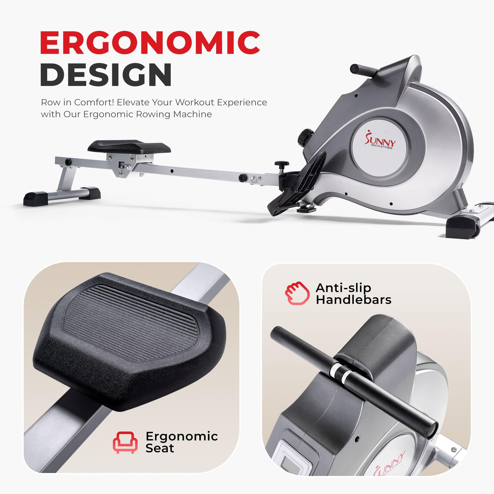 Sunny Health & Fitness Smart Magnetic Rower, Compact Quiet & Smooth Rowing Machine for Full-Body Cardio Exercise, Free SunnyFit Training App Connection