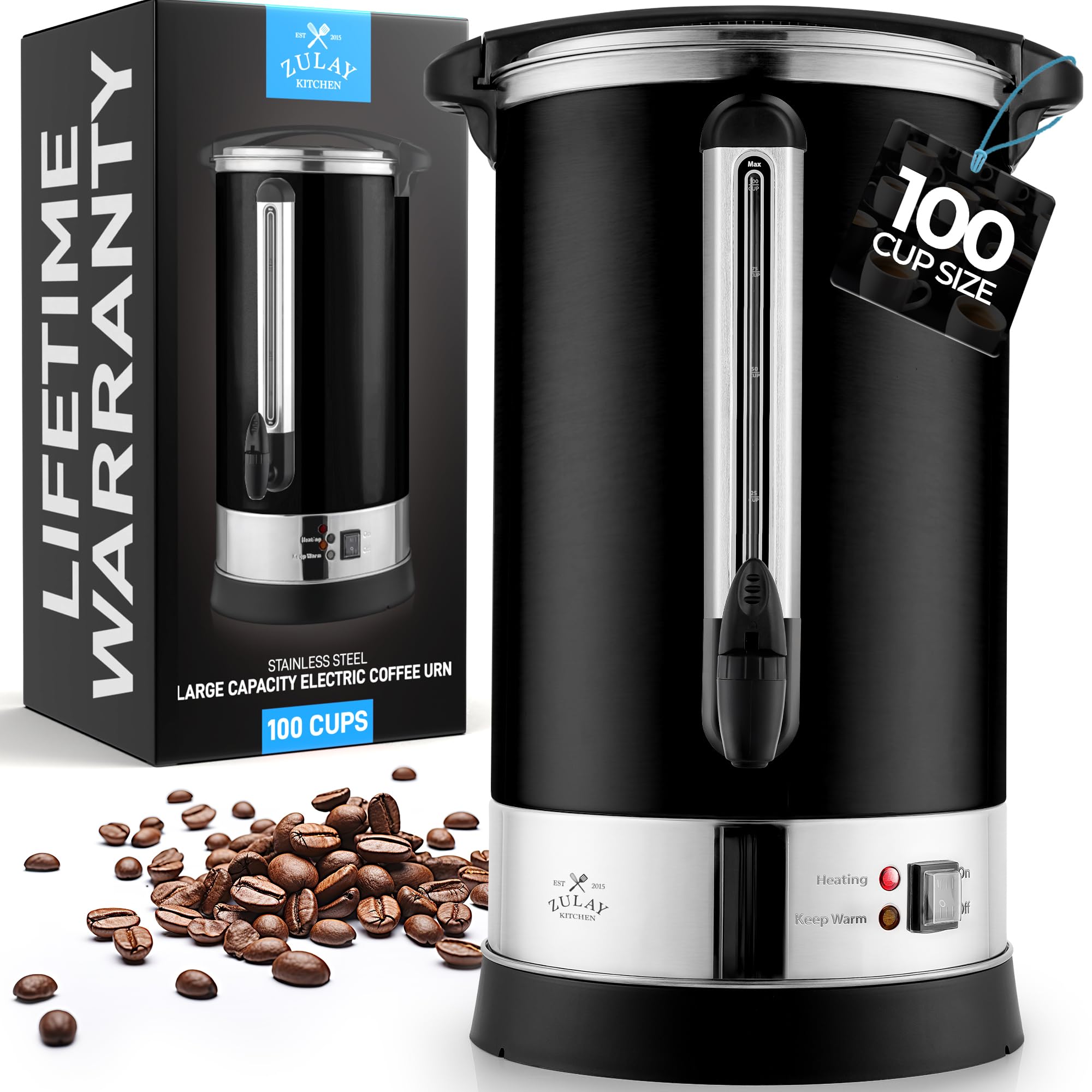 Zulay Kitchen 50 Cups Commercial Grade Coffee Maker Hot Water Urn - Percolator With Double-Wall Stainless Steel, Quick Brew, Stays Hot for Tea & Beverage at Events & Catering - Silver