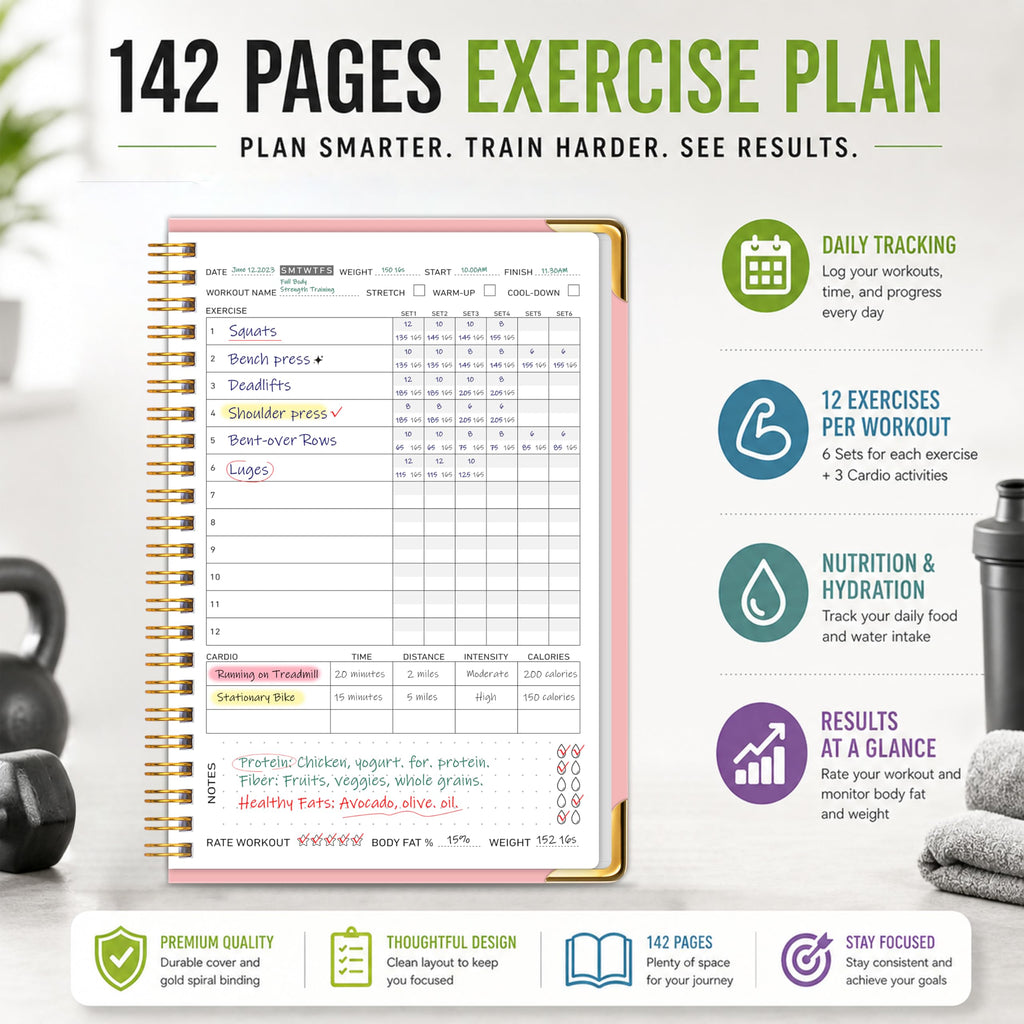 Workout Journal Fitness Tracker Planner for Men & Women, Exercise Log Book to Track Gym & Home Training, Goals, Sets, Reps & Progress, 142 Pages, A5 5.7" x 8.2" Portable Hardcover with Metal Corners, Green