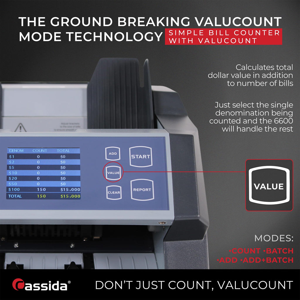 Cassida 9900R V2 2-Pocket Premium Bank Grade Money Counter Machine Mixed Denomination, Bill Sorter, Value Counting, Printer Enabled, 2 CIS, UV/MG, IR/IT Counterfeit Detection with Built-in Printer