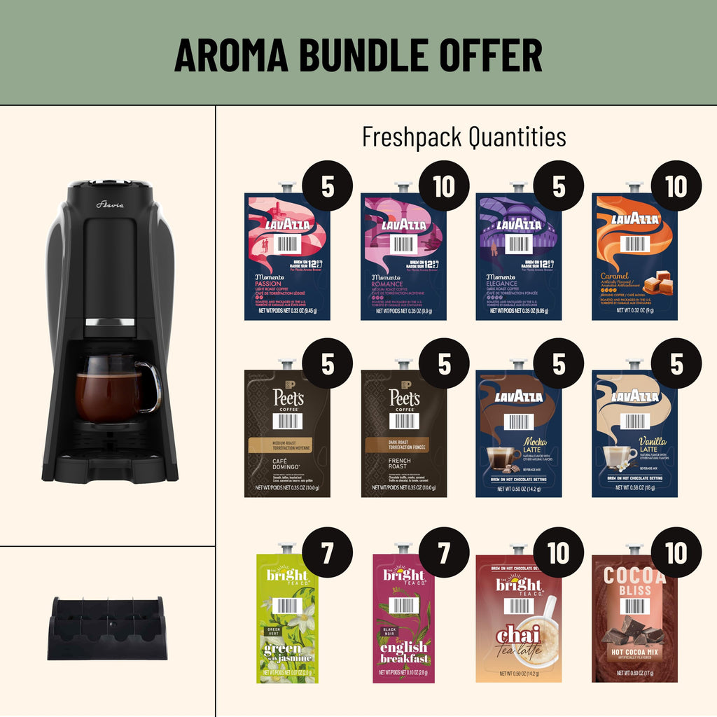 Flavia Aroma Brewer Bundle with 84 Freshpacks and 1 Merchandiser - Coffee Machine, Makes Coffee, Lattes, Tea, and other Hot or Iced Beverages, Multiple Brew Sizes, Black, Works ONLY with Freshpacks
