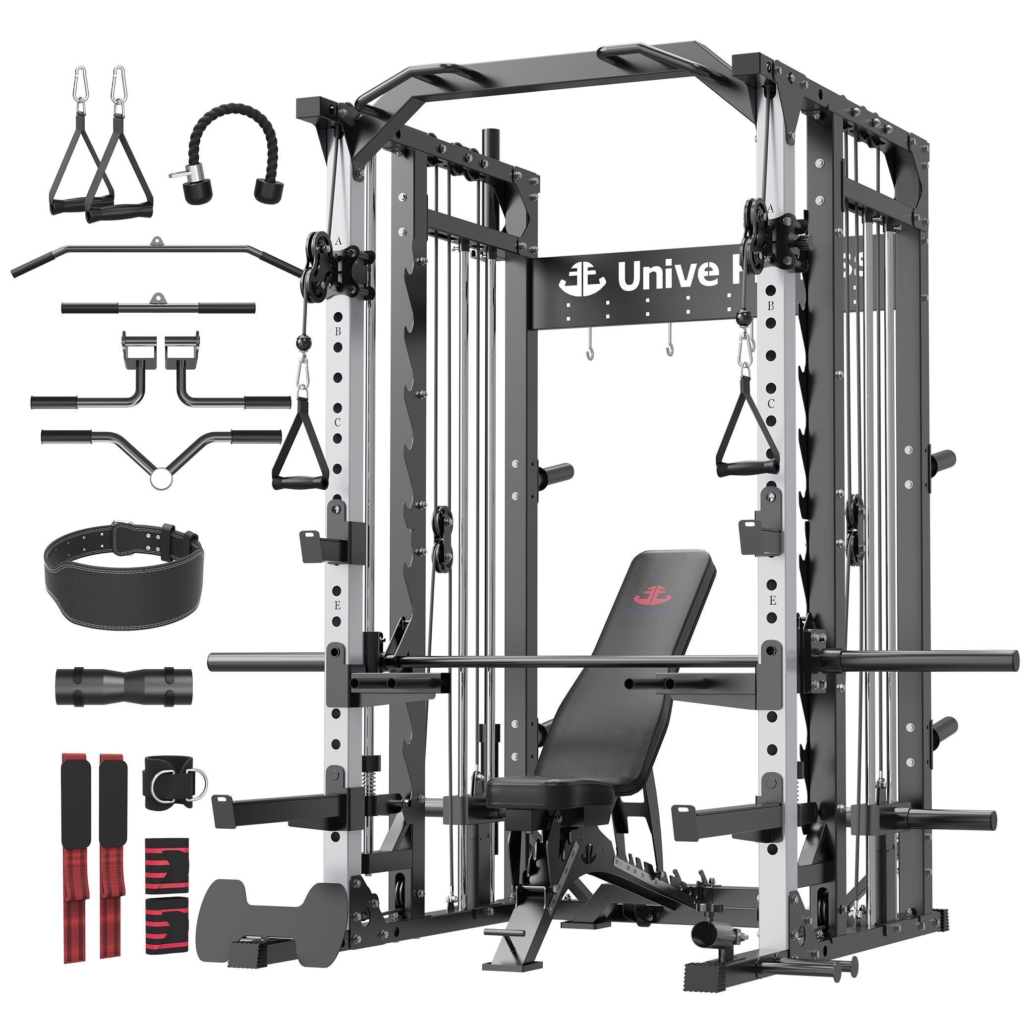 Unive Fitness Smith Machine, Commercial-Grade All-in-One Home Gym Power Cage with Squat Rack, Dual Cable Crossover & Pulley System, Complete Attachments for Full Body Workouts