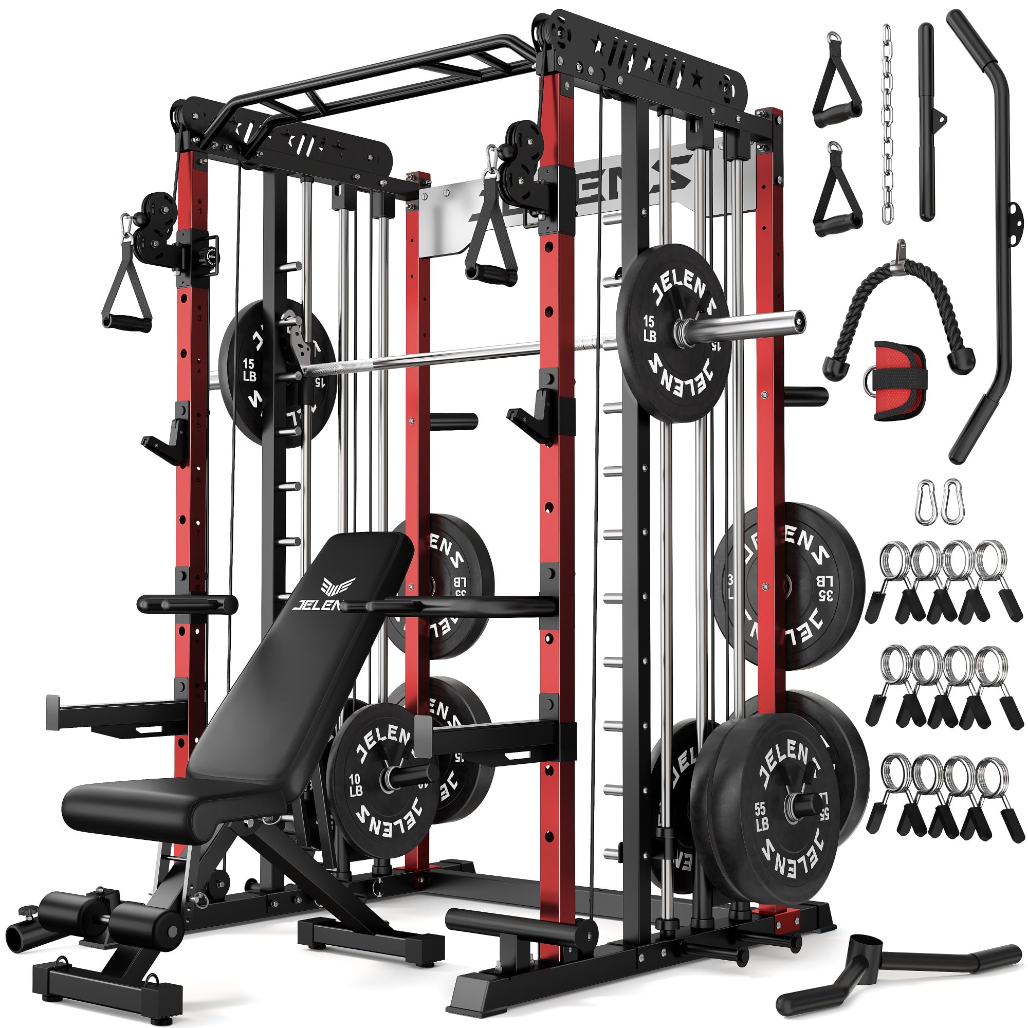 JELENS Smith Machine for Home Gym, Multi-Function M12 Power Cage with Cable Crossover System, Squat Rack with Smith Bar and More Attachment