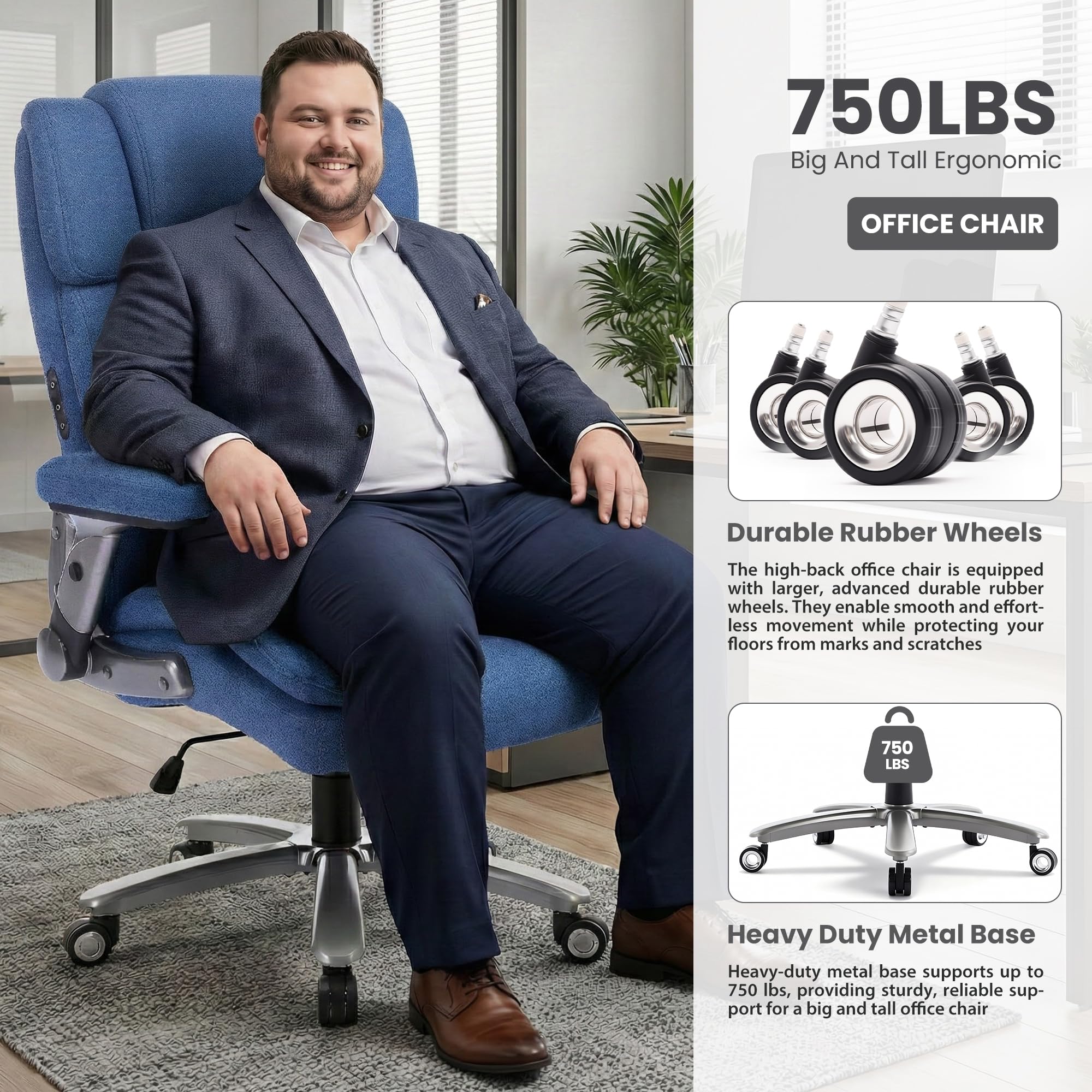750lbs Heavy Duty Desk Chair with 3D Kneading Massage, Big and Tall Office Chairs with Ergonomic Support, 3D Armrests, 5 Quiet Dual Rubber Wheel, Thick Pocket Spring Cushion(Black, PU)