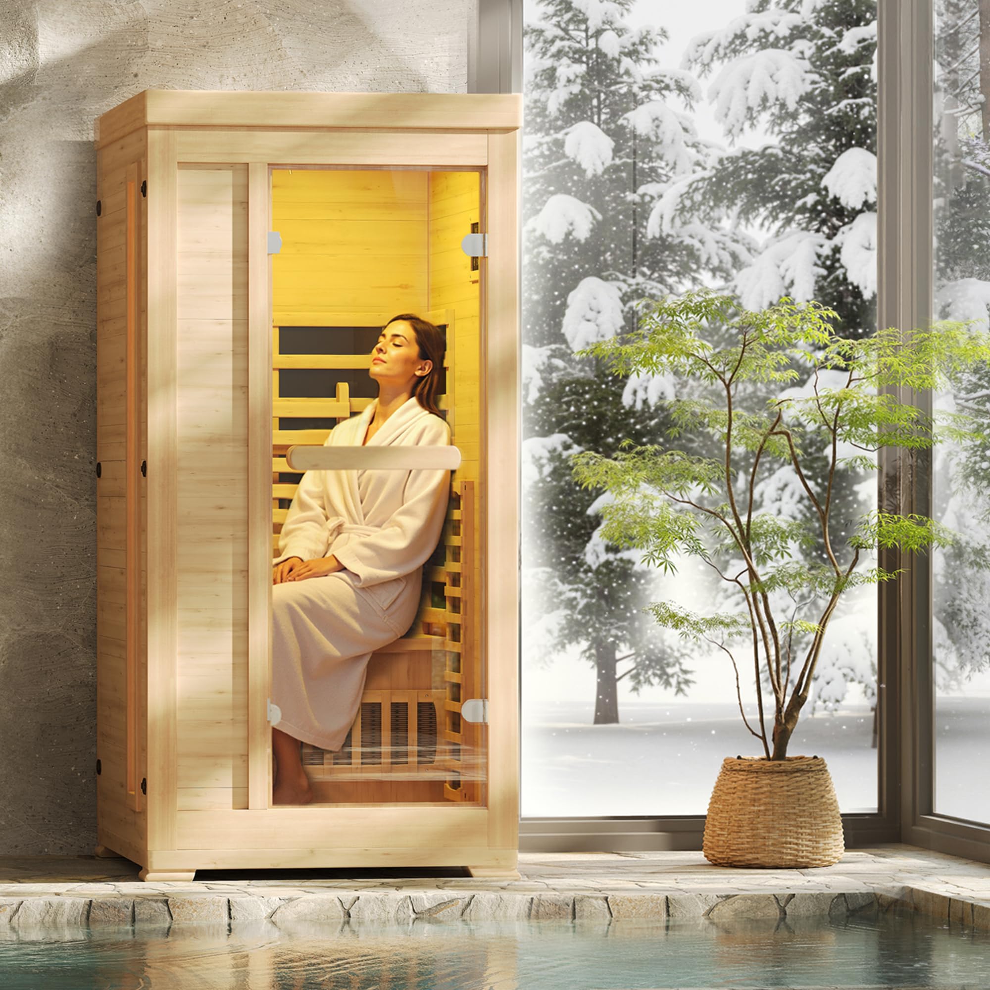 Infrared Sauna at Home 1 Person Mini with 7 Color Full Spectrum, Low EMF 1240W Fast Heating Canadian Hemlock Wood Sauna, Indoor Dry Sauna with Music Speakers for Home, Gym (2.3Lx2.9Wx5.2H Ft)