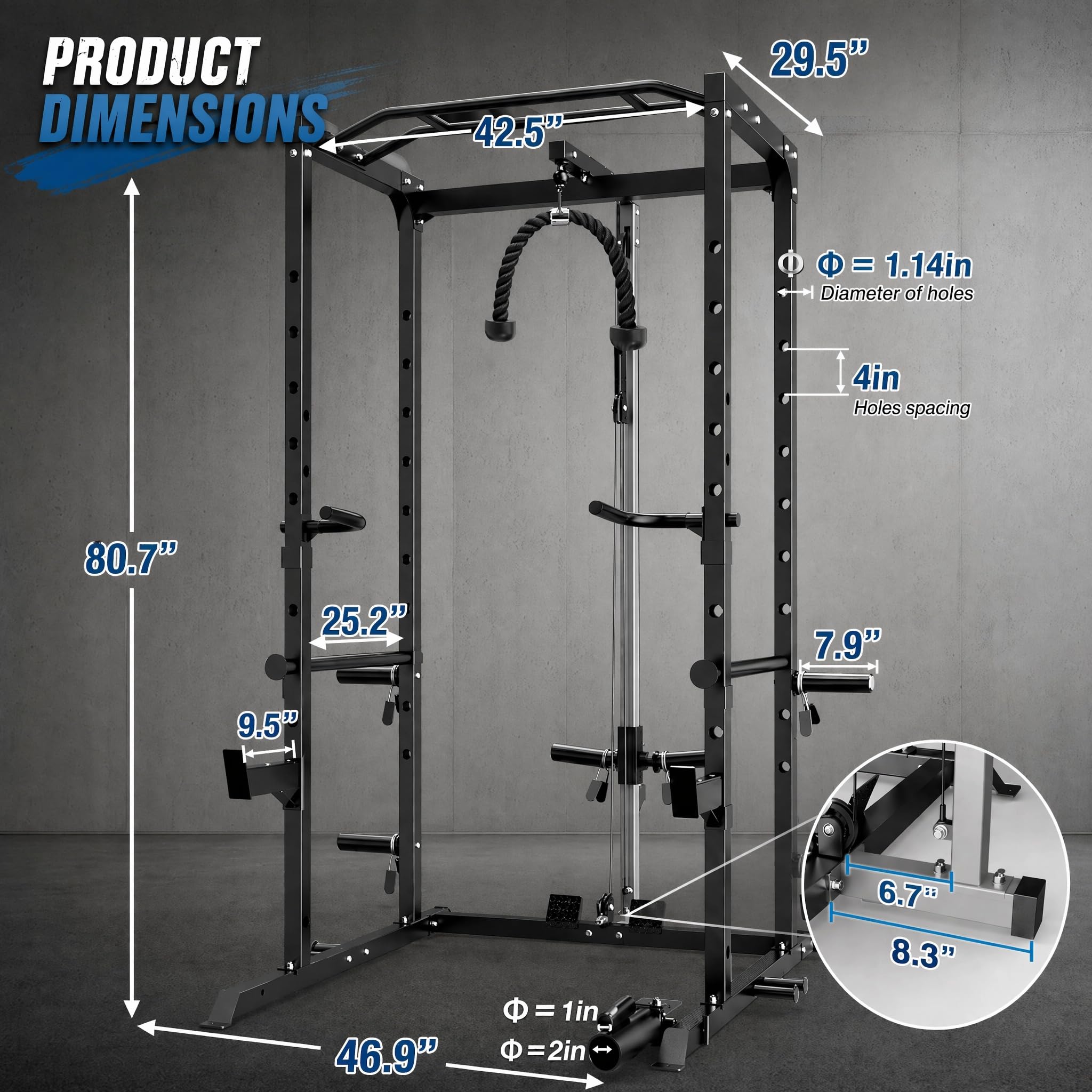 KOPUS Power Rack with Pulley System – Multi-Functional Power Cage Squat Rack, LAT Pull Down, J Hooks & Safety Bars – 1200 lbs Home Gym Equipment – 5 Configurations