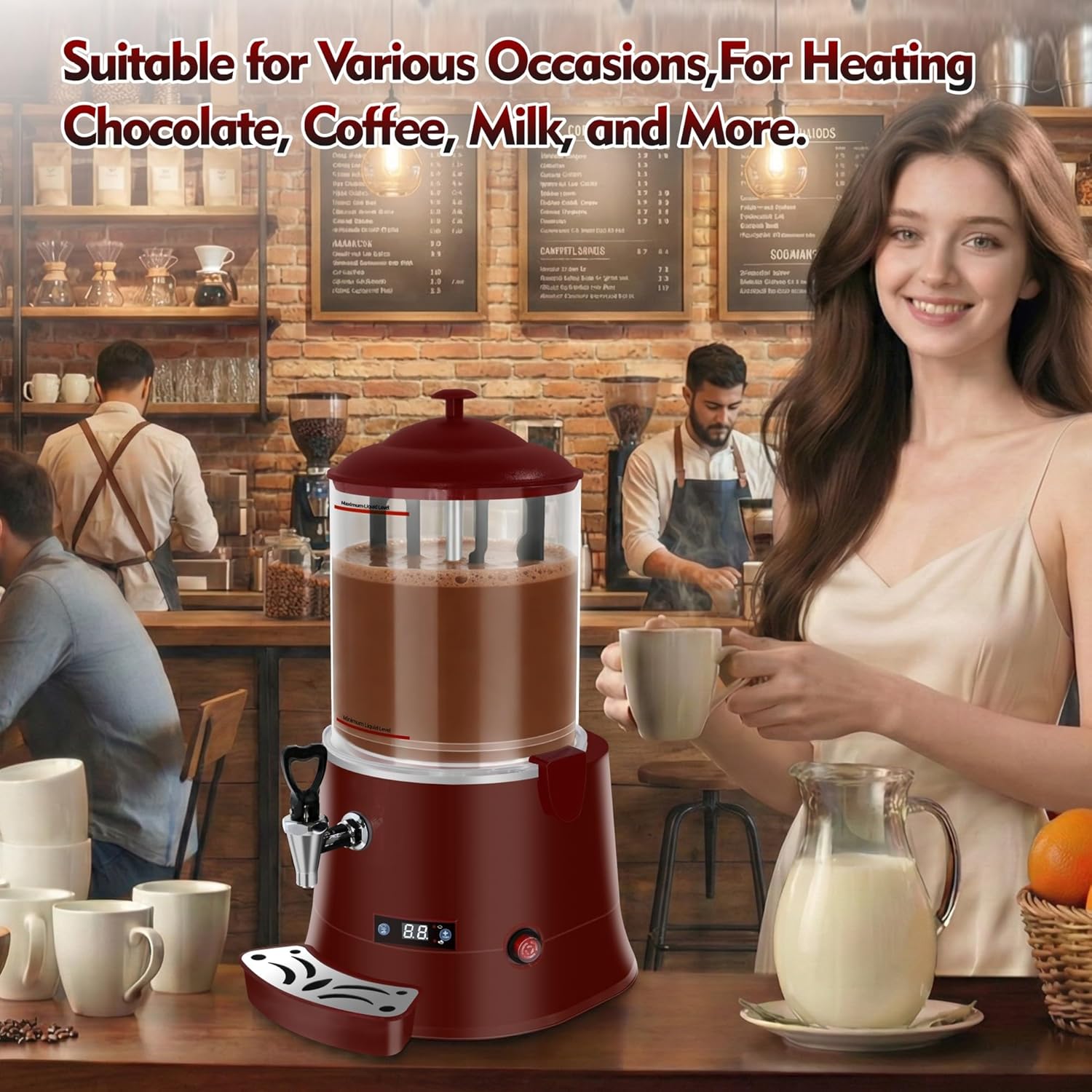 10L/2.64Gal Commercial Hot Chocolate Machine, Hot Beverage Warmer with 86°F-194°F Precise Temp Control, Stainless Steel Hot Drink Dispenser for Chocolate, Coffee, Mulled Wine, Juice-Red