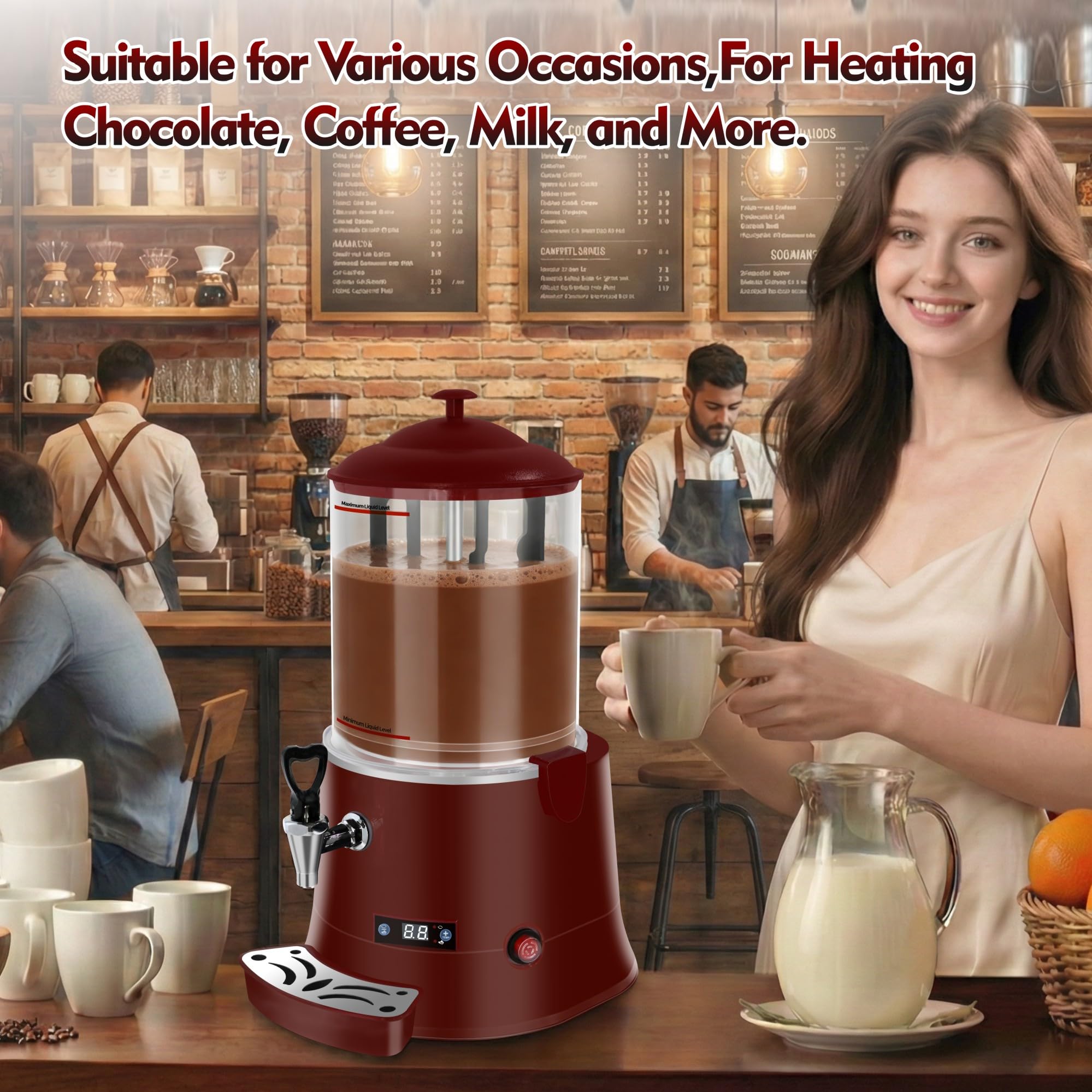 10L/2.64Gal Commercial Hot Chocolate Machine, with Intelligent Temperature Control Hot Beverage Warmer, Temperature Range 86°F-194°F, Heat Chocolate, Coffee, Tea, Juice, and Red Wine-Red 5i5