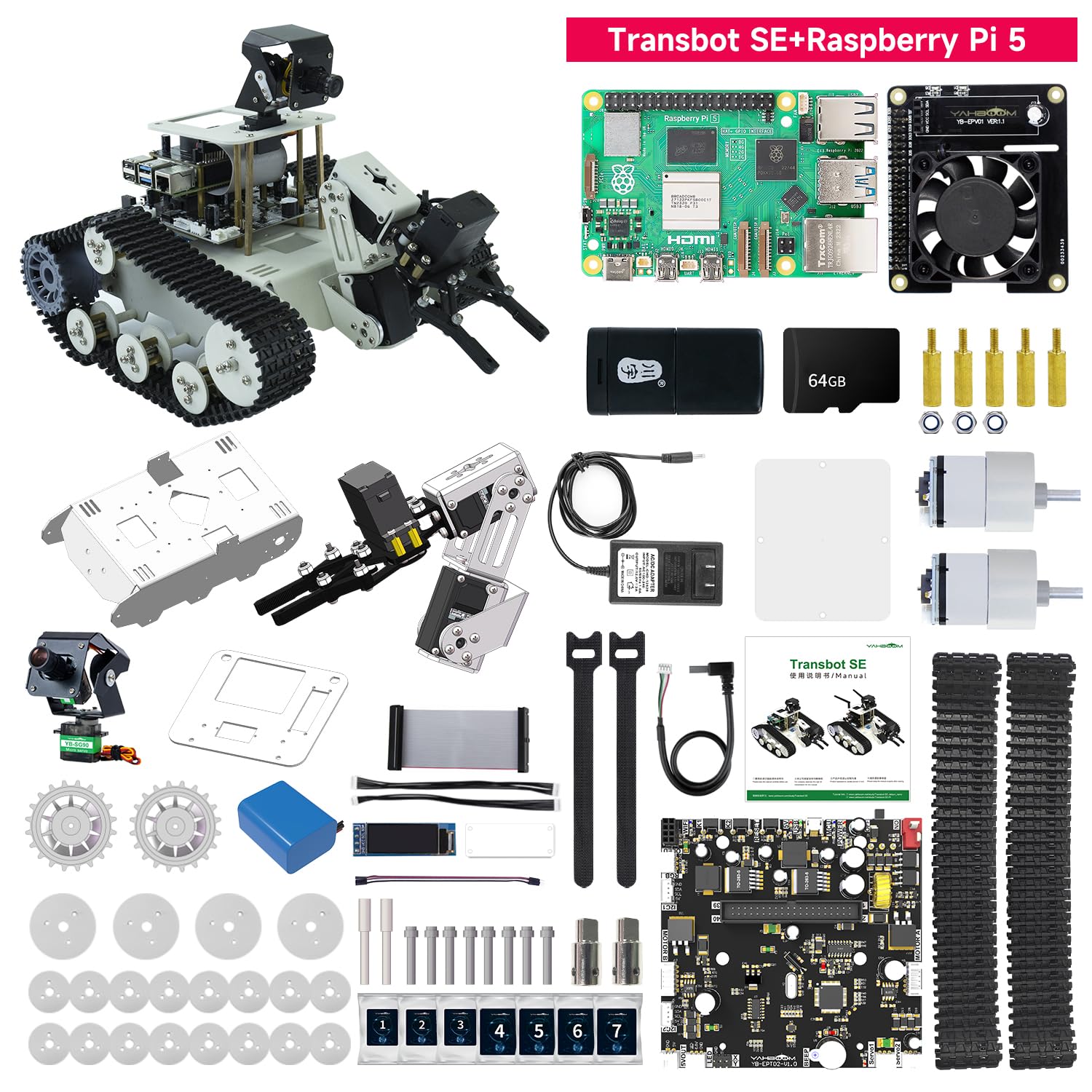Yahboom DIY Programmable Project ROS Starter Tank Chassis Robot with AI Camera for Jetson Nano B01 Recognition Tracking OpenCV MediaPipe (Transbot-SE Without Nano)