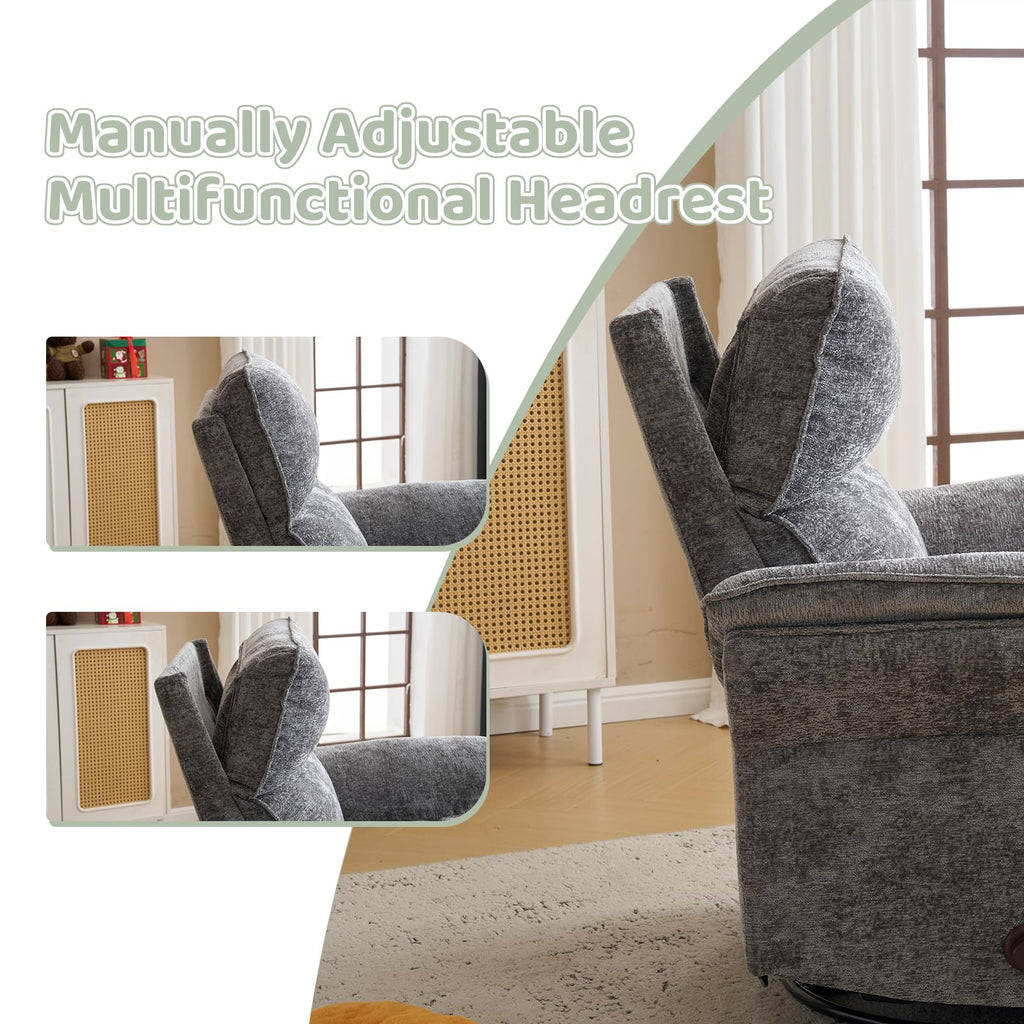 Oversized Rocking Chair Nursery with Massage and Heat, Glider Recliner Nursery Chair with Adjustable Headrest, Power Swivel Rocker Recliner Chair with USB Port, Dark Grey