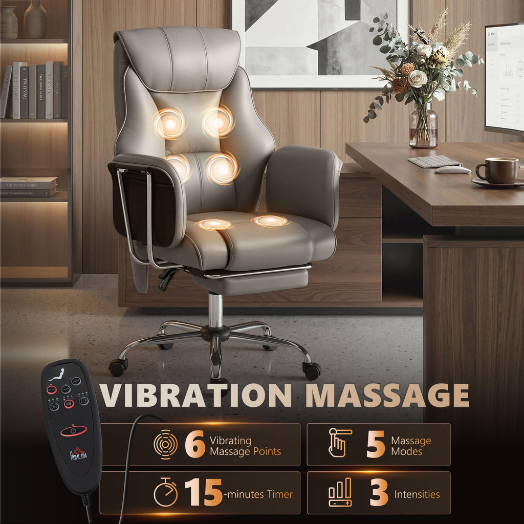 HOMCOM Massage Office Chair with 6-Point Vibration, 155° Recline & Retractable Footrest, PU Leather Executive Computer Desk Chair with Lumbar Support, Pocket Springs, Wheels for Home Office, Black