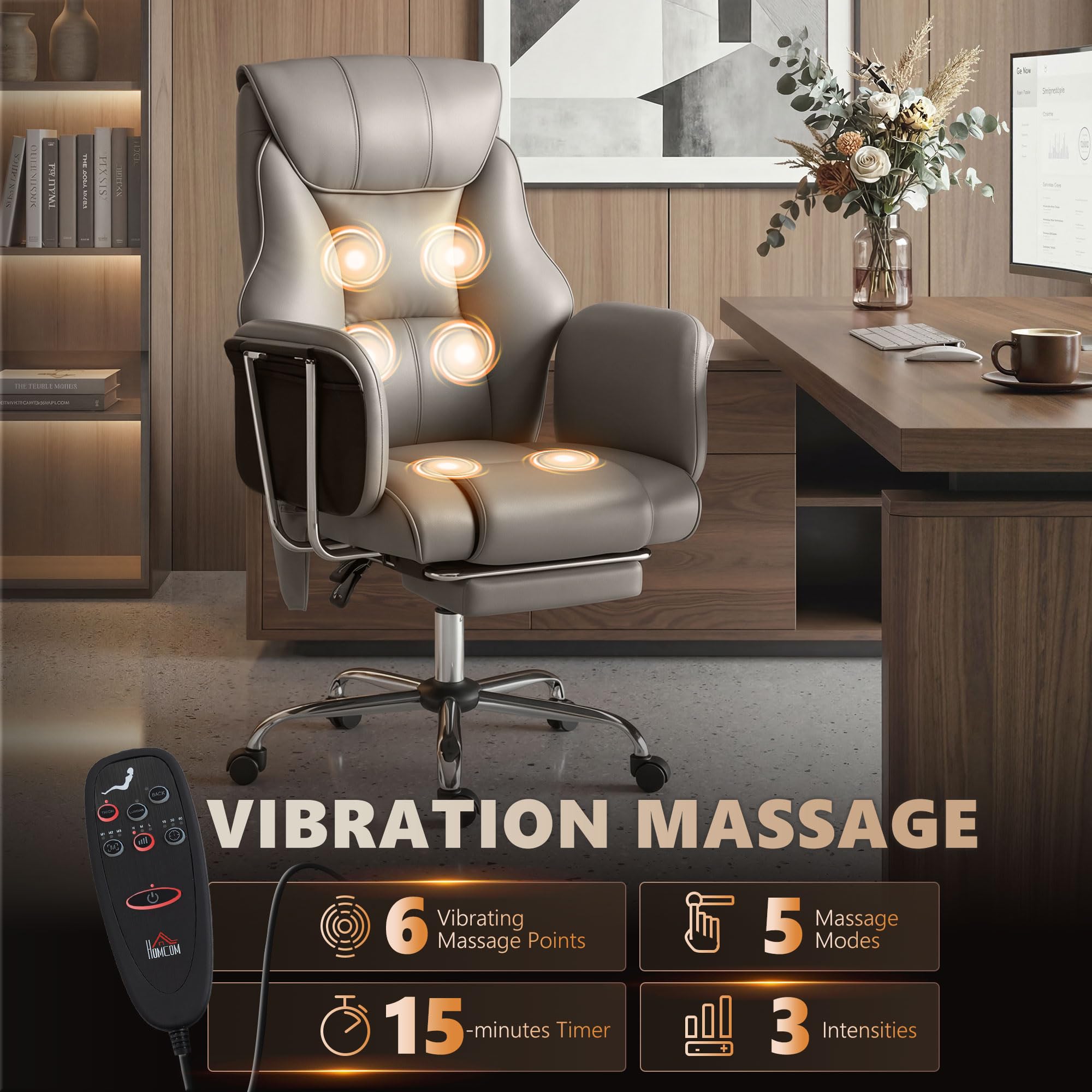 HOMCOM Massage Office Chair with 6-Point Vibration, 155° Recline & Retractable Footrest, PU Leather Executive Computer Desk Chair with Lumbar Support, Pocket Springs, Wheels for Home Office, Black