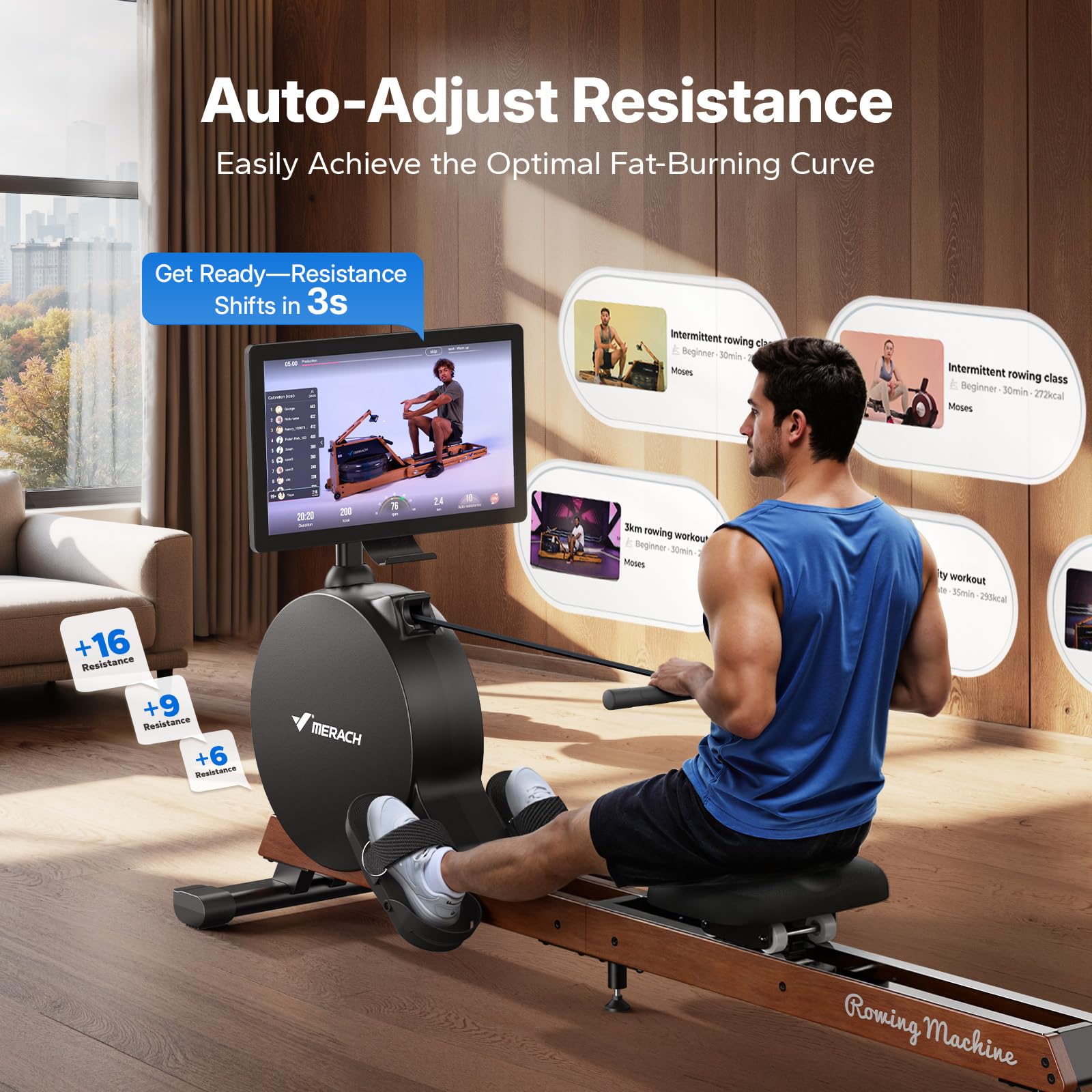 MERACH Pro-Grade Rowing Machines for Home, Smart Magnetic Rowing Machine with Self-Generation, Double Resistance and 400 LBS MAX Load, Wooden Tracks for Silent Sliding, MERACH App 1000+ Course & Games