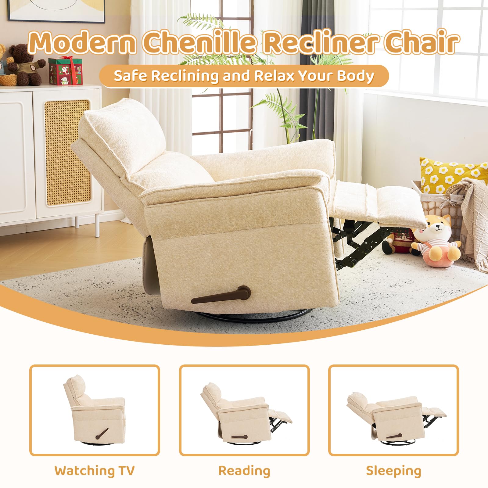 Oversized Rocking Chair Nursery with Massage and Heat, Glider Recliner Nursery Chair with Adjustable Headrest, Power Swivel Rocker Recliner Chair with USB Port, Dark Grey