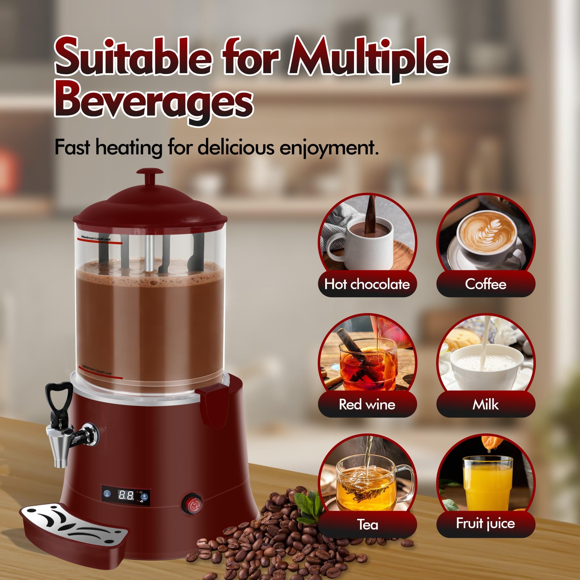 10L/2.6Gal Commercial Hot Chocolate Machine,Hot Beverage Maker, 86-194°F Intelligent Temperature Control, Hot Drink Dispenser for Coffee, Chocolate, Cocoa, Milk, Tea, Juice, Black