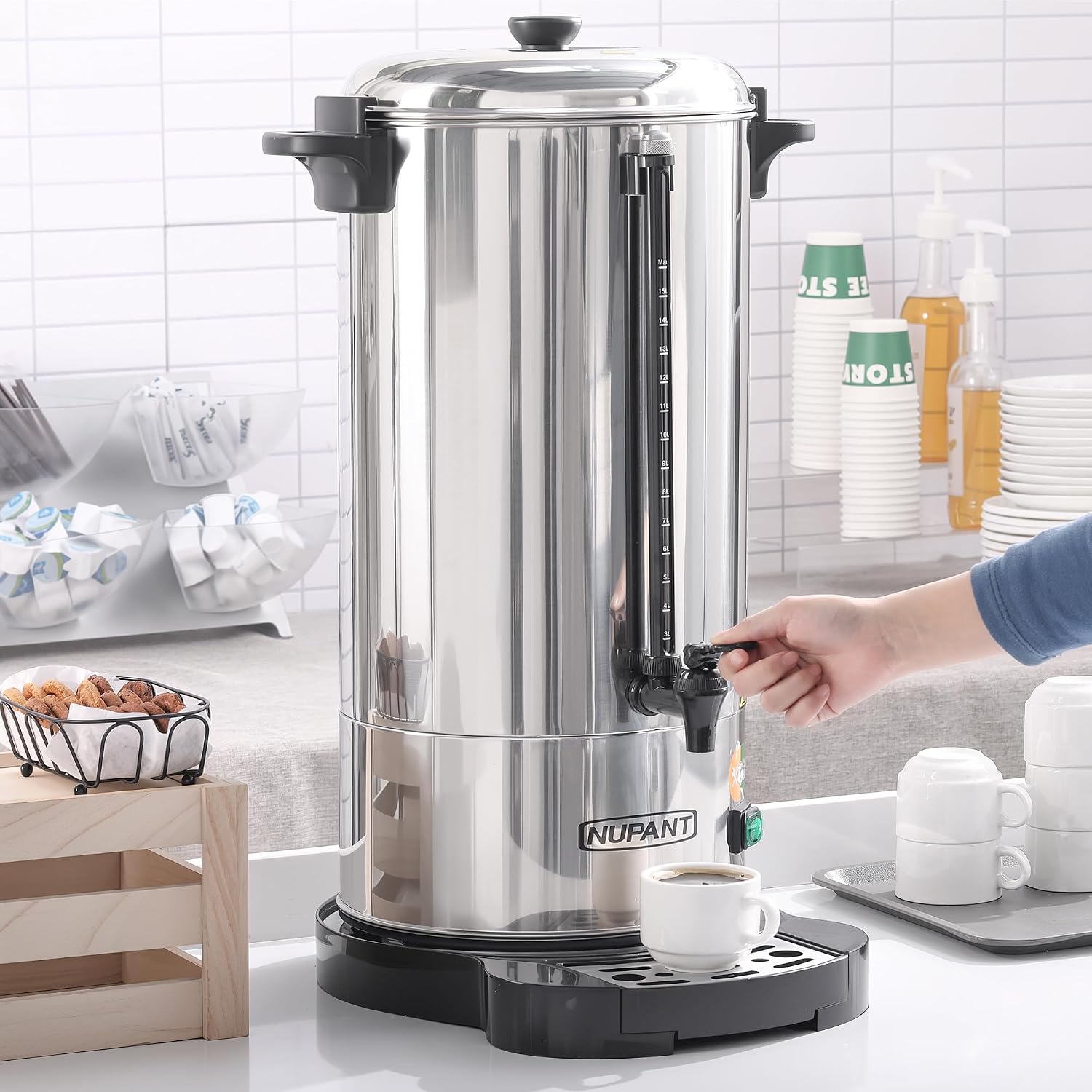 NUPANT Commercial Coffee Urn 100 Cup/15L Coffee Dispenser with Upgraded Percolator, 304 Stainless Steel Hot Water Urn Beverage Dispenser with Keep Warm Mode, Large Coffee Maker for Catering Party