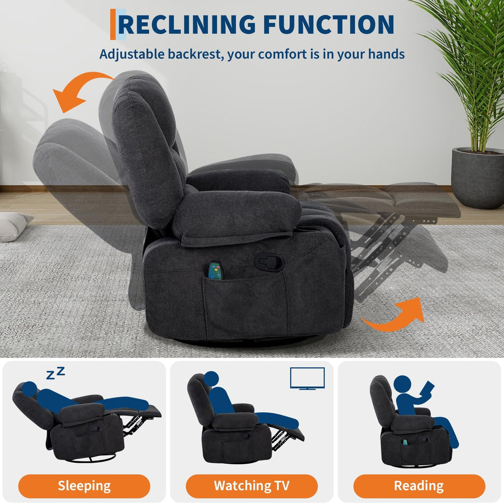 Oversized Wide Recliner Chair with Vibration Massage and Heat, 360° Swivel Recliner Glider for Adults,Chenille Fabric Manual Reclining Single Sofa with Cup Holders & Side Pockets for Living Room,White