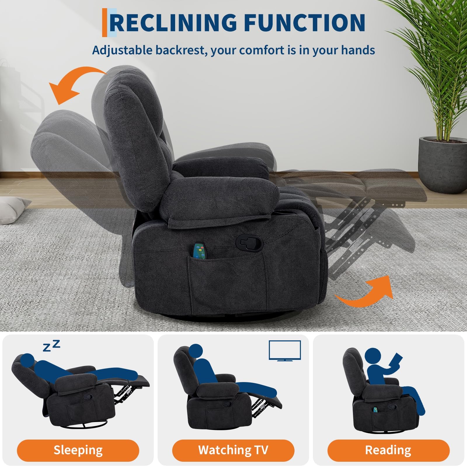 Oversized Wide Recliner Chair with Vibration Massage and Heat, 360° Swivel Recliner Glider for Adults,Chenille Fabric Manual Reclining Single Sofa with Cup Holders & Side Pockets for Living Room,White