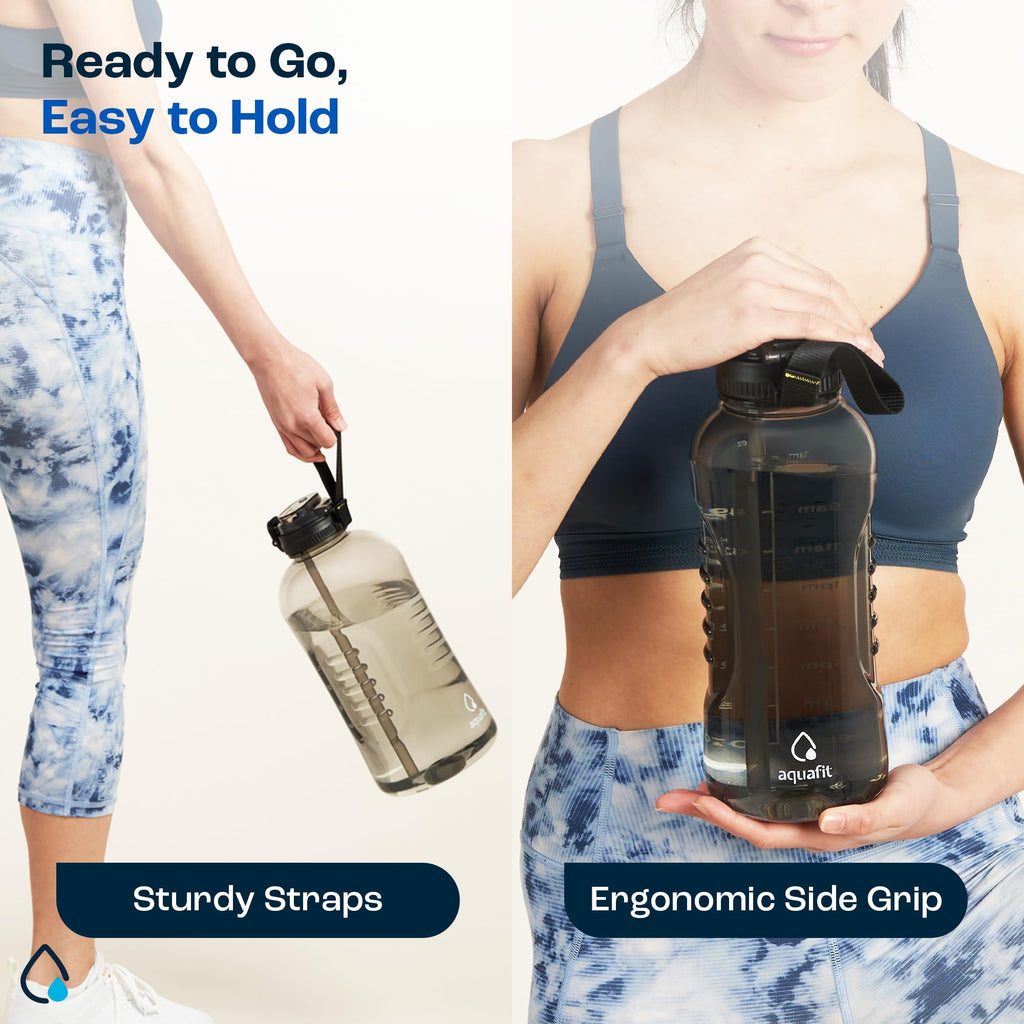 AQUAFIT 64 oz Water Bottle with Time Marker - 2in1 Straw & Chug Lid - BPA Free Big Water Bottle with Straw - Gym Water Bottle with Strap - Water Jug (64 Ounces, Clarity)