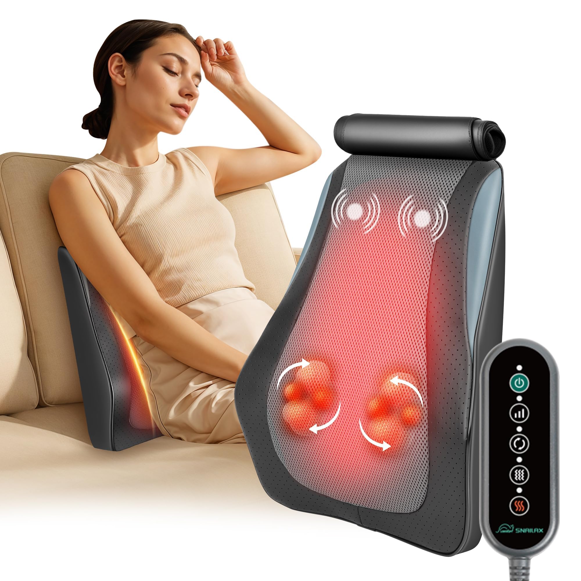 Snailax Back Massager with Heat – 3D Shiatsu Massage Pillow for Neck & Back, Fixed Kneading Nodes, Chair & Sofa Use, Gift for Mom, Dad, Women & Men
