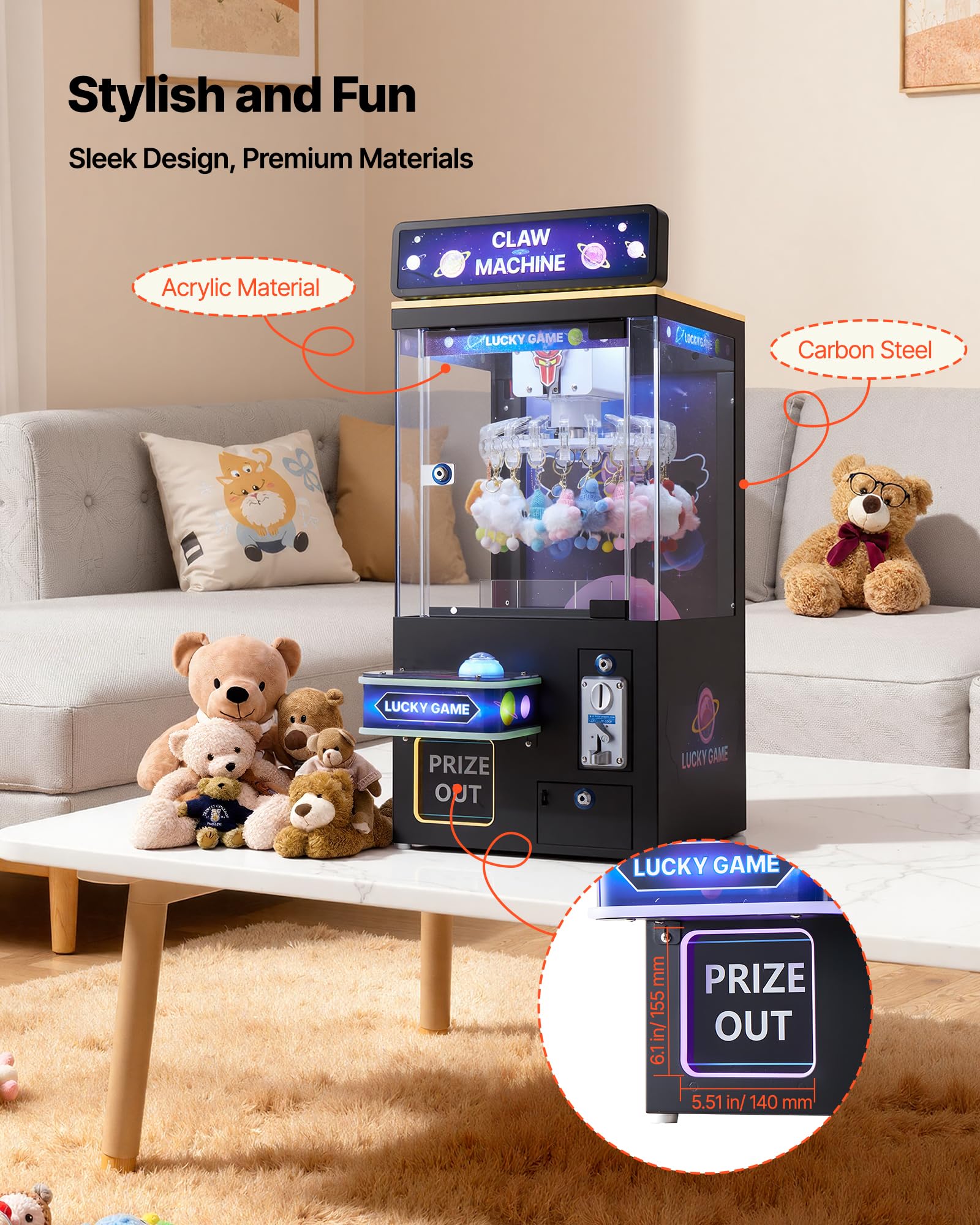 VEVOR Claw Crane Machine, Medium-Sized Arcade Game Machine with Claw + Grabber Double-Layer, Light & Sound, Toy Candy Grabber Prize Dispenser Vending Toy, for Commercial Home Cinema, Black Purple