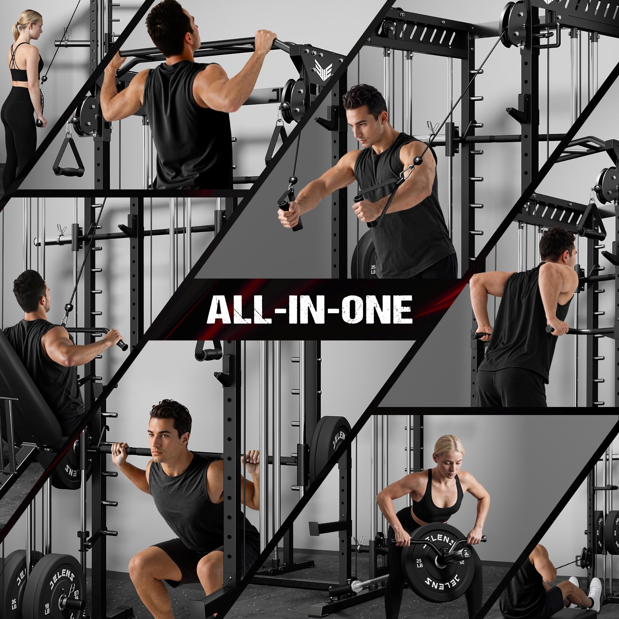 JELENS M21 Smith Machine, Multi-Function Power Cage with Dual Pulley Cable Crossover System, 2000LBS All-in-One Squat Rack with Smith Bar and Attachments for Home Gym