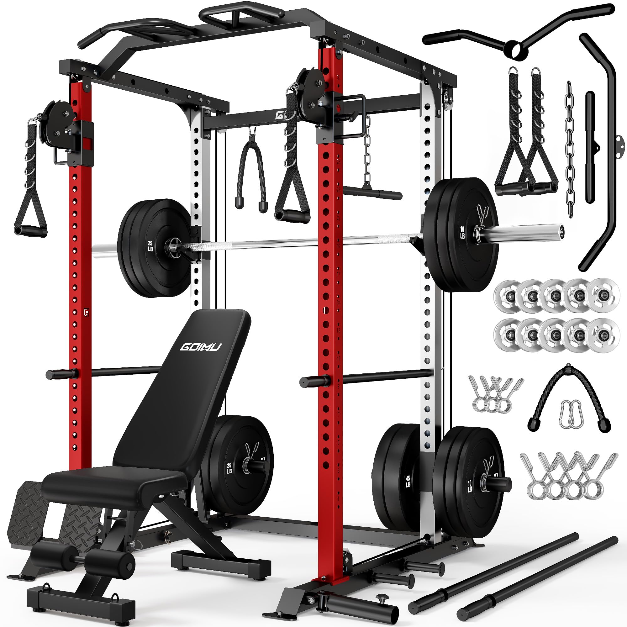 DP01 Power Cage, 2000LBS Squat Rack with with Cable Crossover and Dual Independent Pulley System, Full Cage for Full Body Training, Power Rack with More Training Attachments for Home Gym
