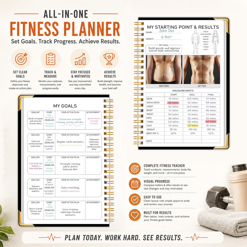 Workout Journal Fitness Tracker Planner for Men & Women, Exercise Log Book to Track Gym & Home Training, Goals, Sets, Reps & Progress, 142 Pages, A5 5.7" x 8.2" Portable Hardcover with Metal Corners, Green
