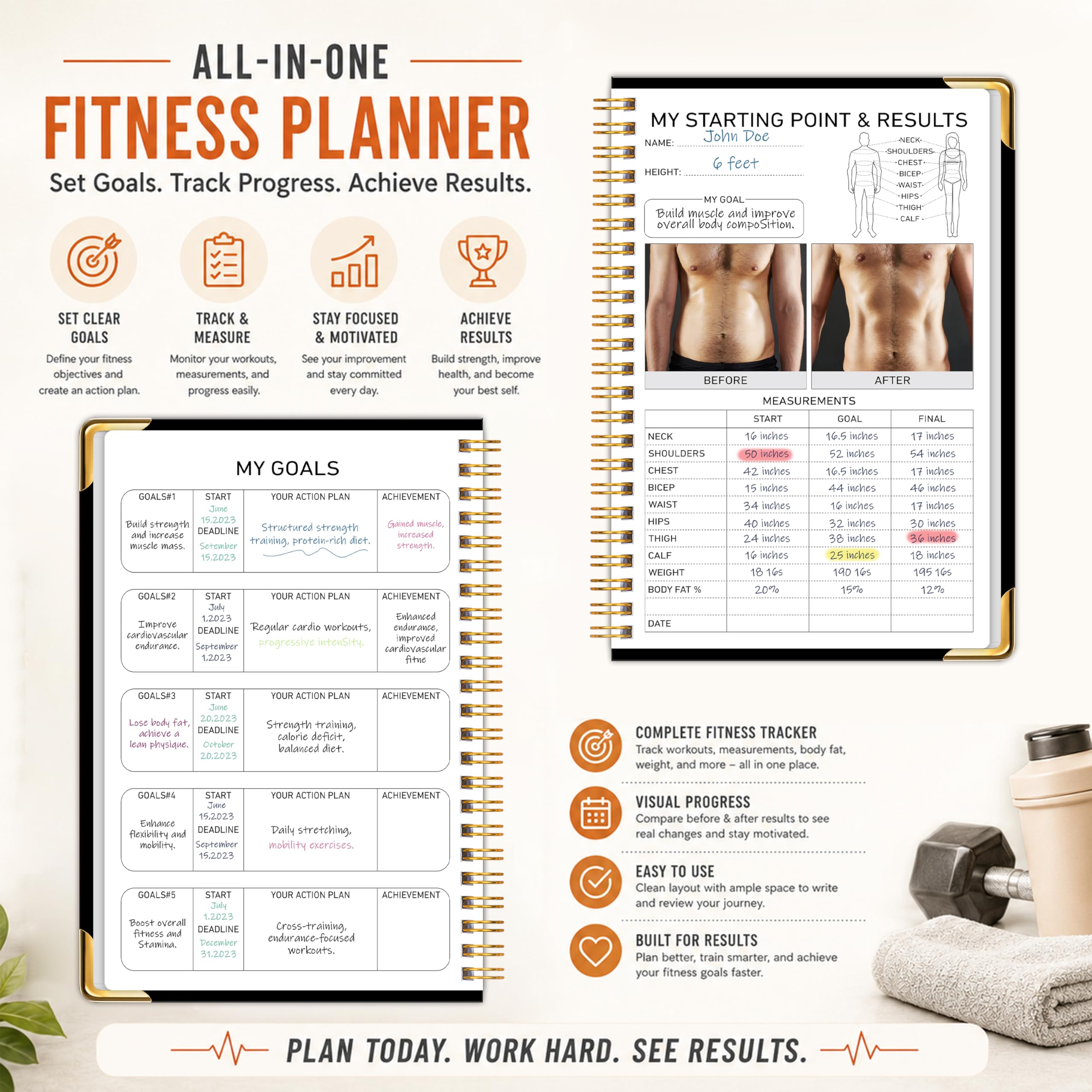 Workout Journal Fitness Tracker Planner for Men & Women, Exercise Log Book to Track Gym & Home Training, Goals, Sets, Reps & Progress, 142 Pages, A5 5.7" x 8.2" Portable Hardcover with Metal Corners, Green