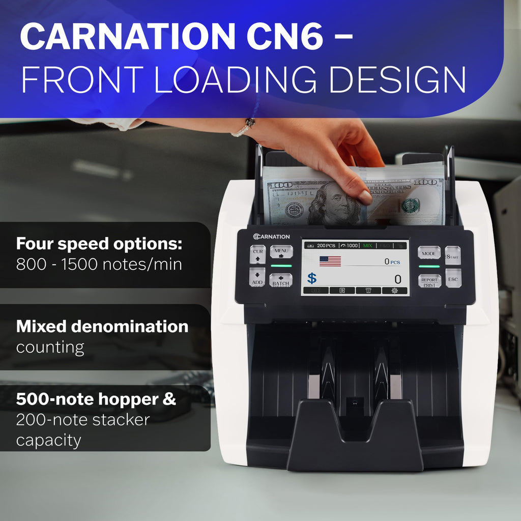 Carnation Money Counter Machine Cash Counting & Mixed Denomination Bill Counter, Portable Currency Detector, Counterfeit Bank Scanner, Dollar Sorter for Commercial, 1100 N/M, UV/MG/MT/IR/2CIS