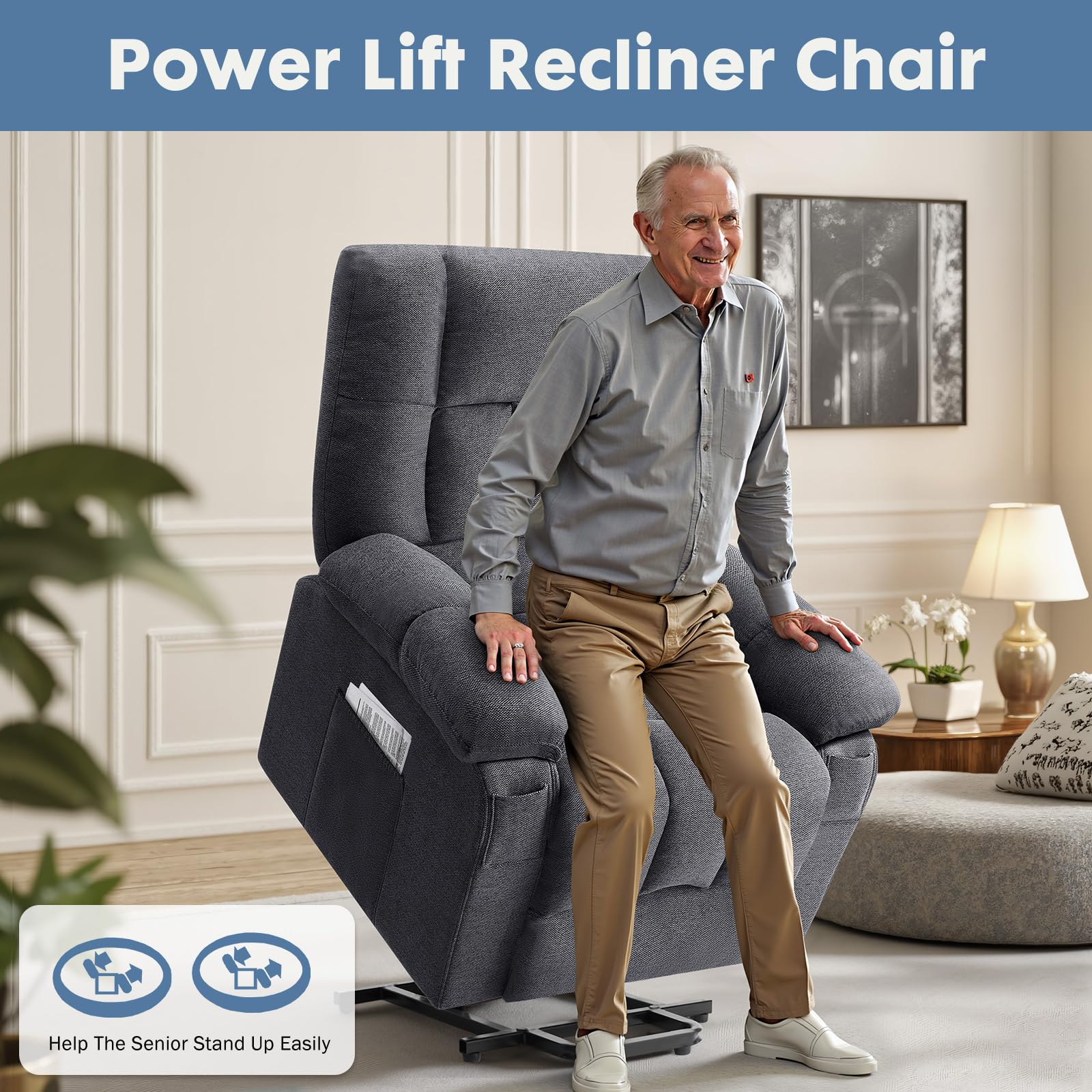 DUMOS Rocker Recliner Chair, Swivel Recliner with Vibration Massage & Lumbar Heating, 270° Rotating Chenille Fabric Recliner with footrest for Living Room & Bedroom, Grey
