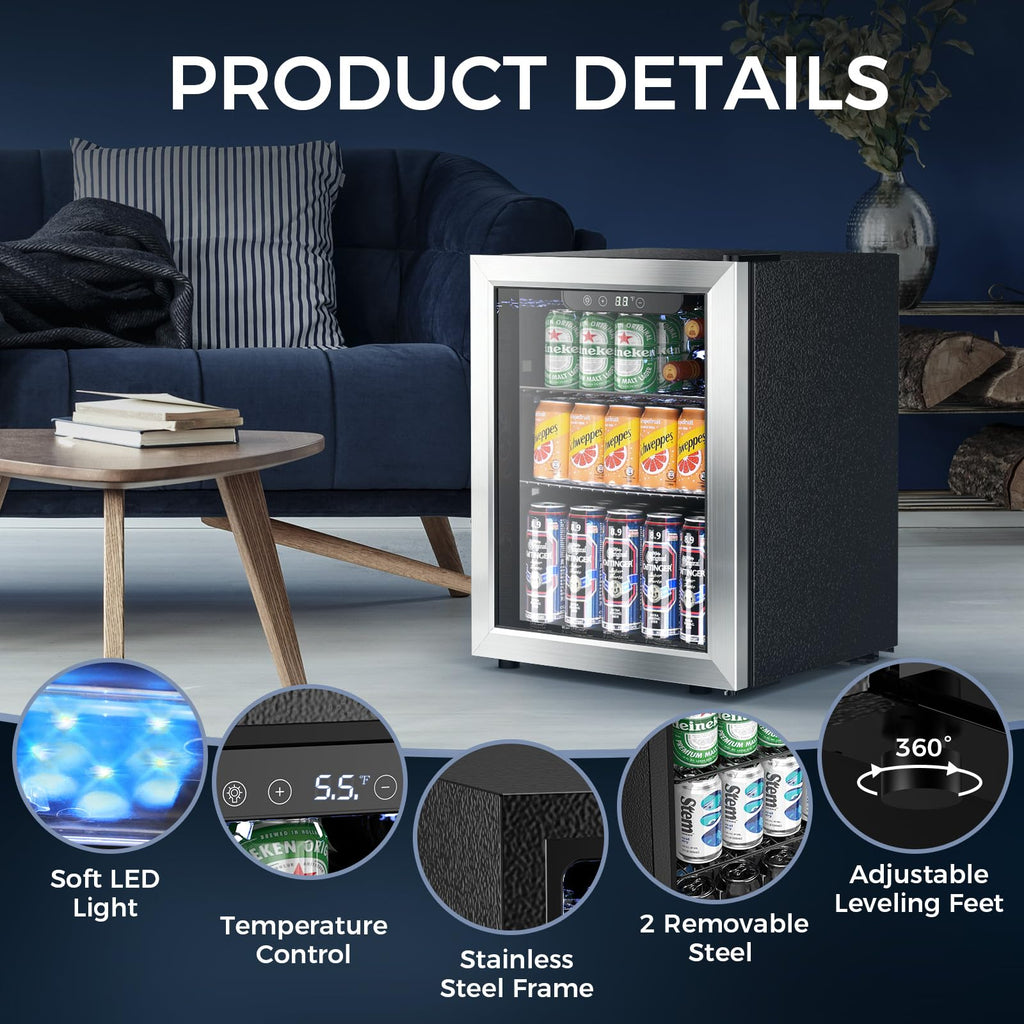 Electactic 50 Cans Beverage Refrigerator Cooler, 1.3 Cu.ft Mini Fridge Countertop Drink Cooler with Glass Door for Beer, Soda,Wine, Adjustable Digital Temperature Control for Home Dorm Bar, Black
