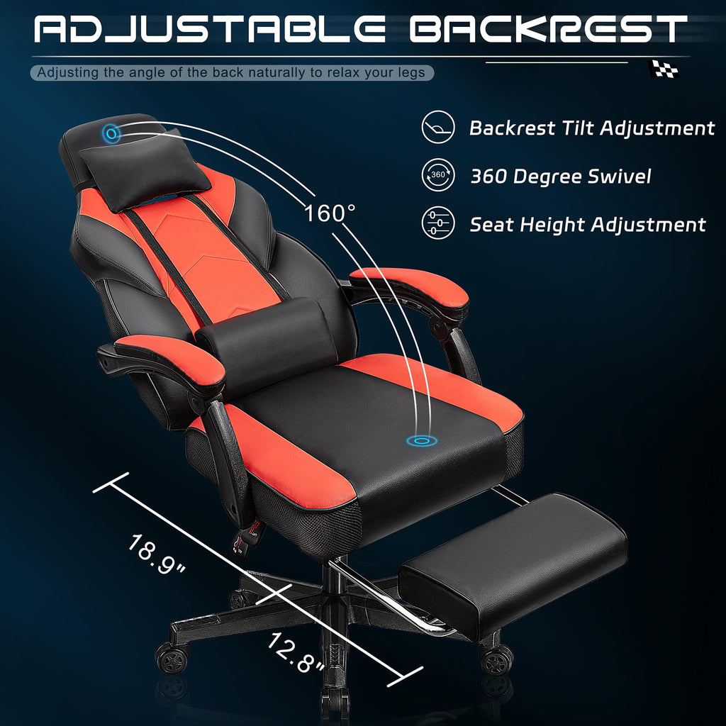 Gaming Chair for Adult, Computer Chair with Footrest Video Game Chair Big and Tall Gaming Chair with Massage Lumbar Support, Adjustable Height and 360° Swivel Seat(Grey)