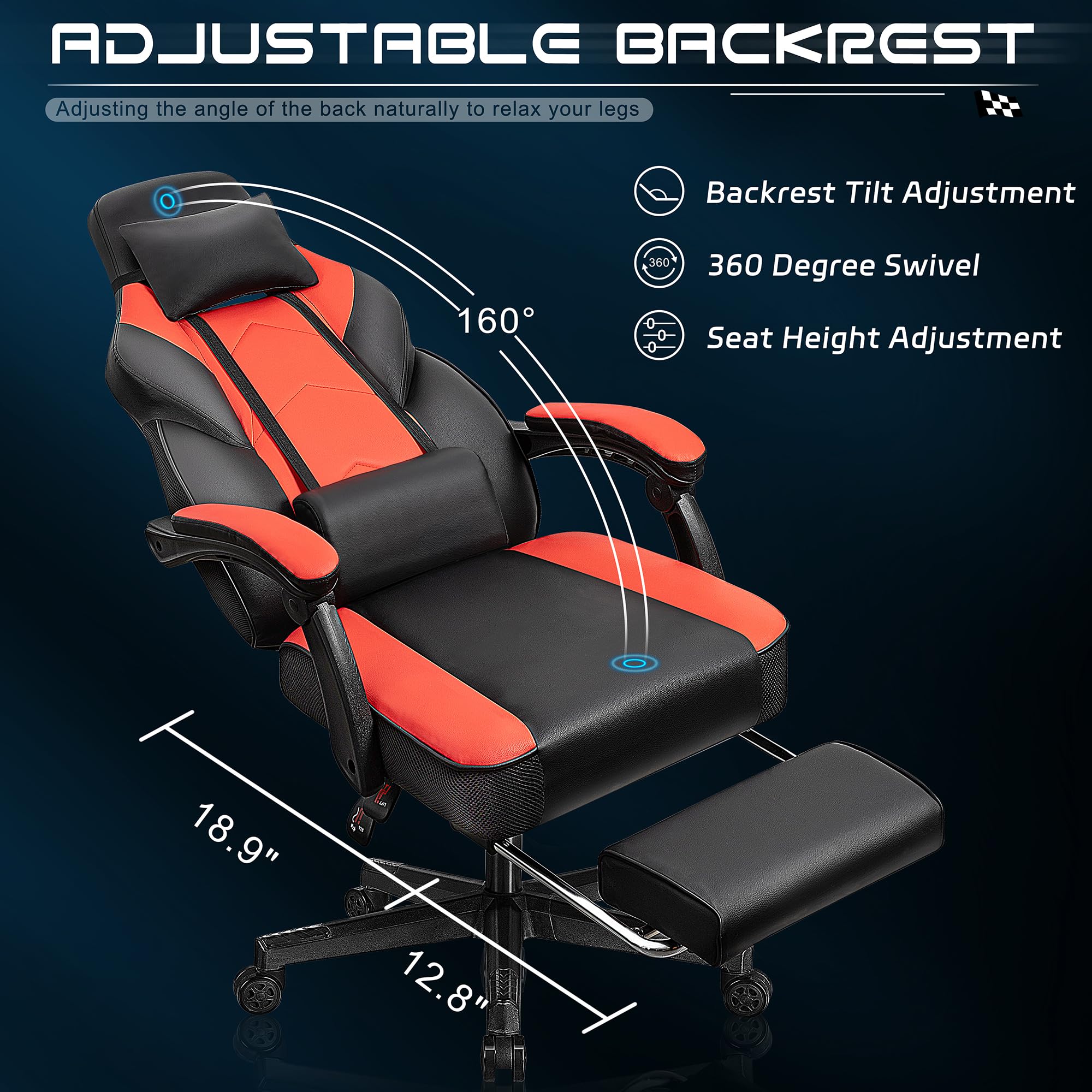 Gaming Chair for Adult, Computer Chair with Footrest Video Game Chair Big and Tall Gaming Chair with Massage Lumbar Support, Adjustable Height and 360° Swivel Seat(Grey)