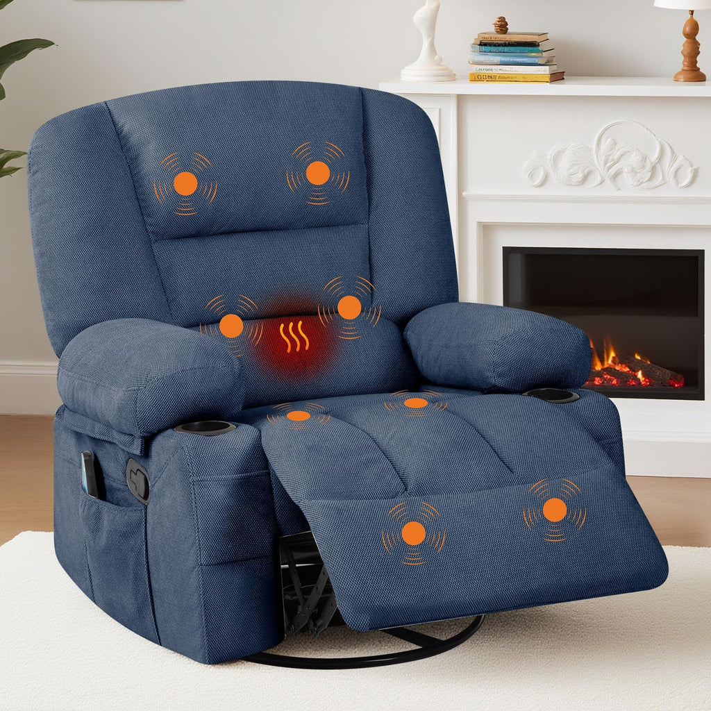 Oversized Wide Recliner Chair with Vibration Massage and Heat, 360° Swivel Recliner Glider for Adults,Chenille Fabric Manual Reclining Single Sofa with Cup Holders & Side Pockets for Living Room,White