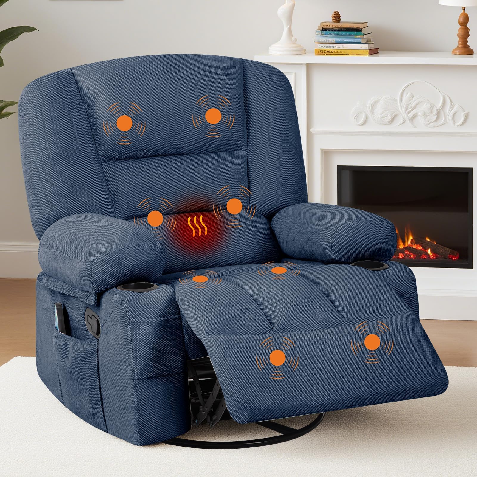 Oversized Wide Recliner Chair with Vibration Massage and Heat, 360° Swivel Recliner Glider for Adults,Chenille Fabric Manual Reclining Single Sofa with Cup Holders & Side Pockets for Living Room,White