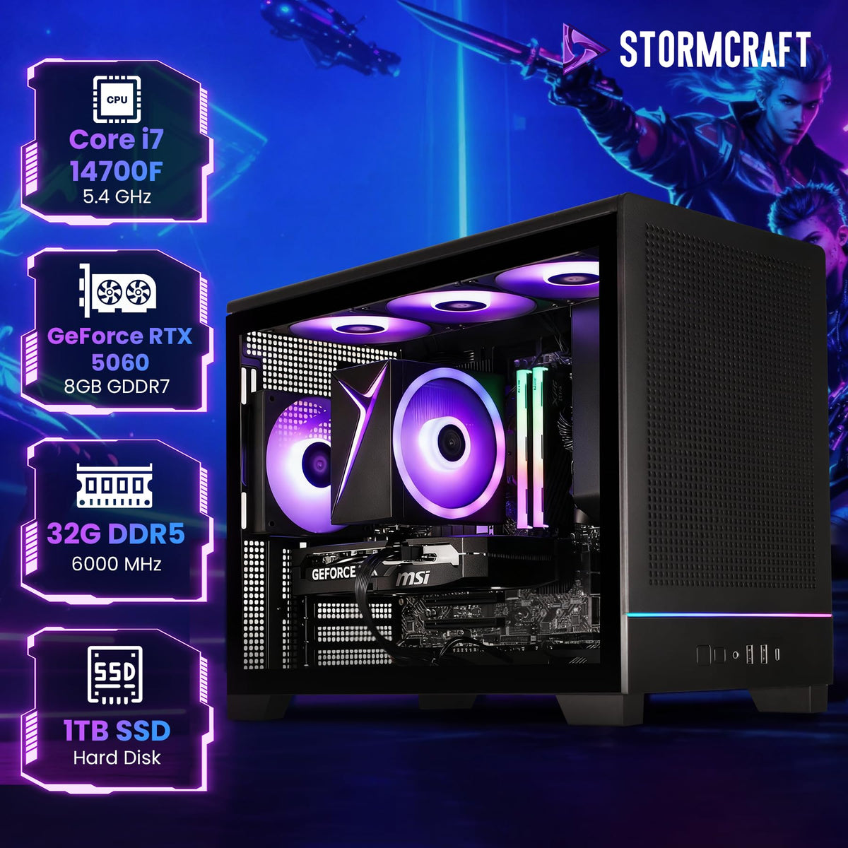 STORMCRAFT Sirius AI Gaming Desktop,AMD R7-8700F,RTX 5060,32GB DDR5,1TB SSD