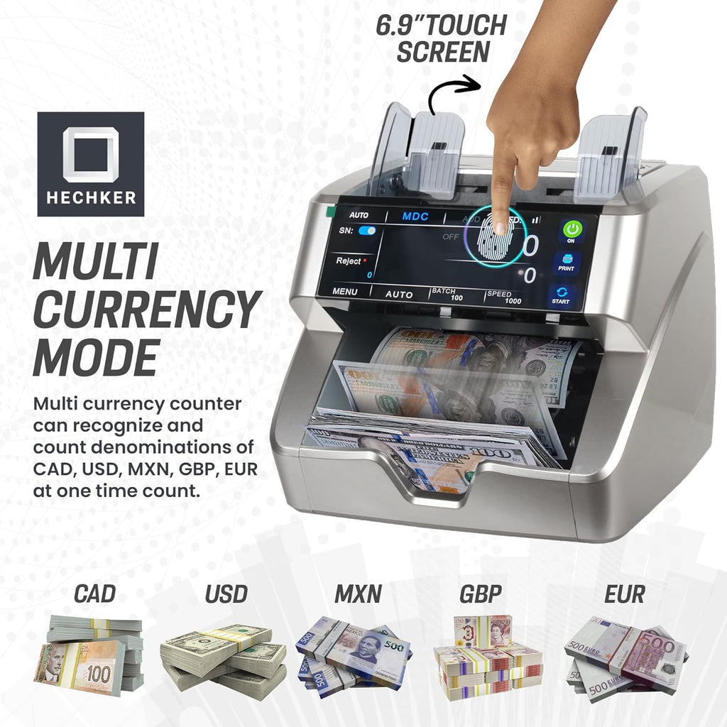 10000 Plus Bank Grade Money Counter Machine – Mixed Denomination Bill Counter with Touch Screen, 2 CIS, UV/MG/IR/MT Detection, Serial Number Reader & External Display, 1500 Bills/Min