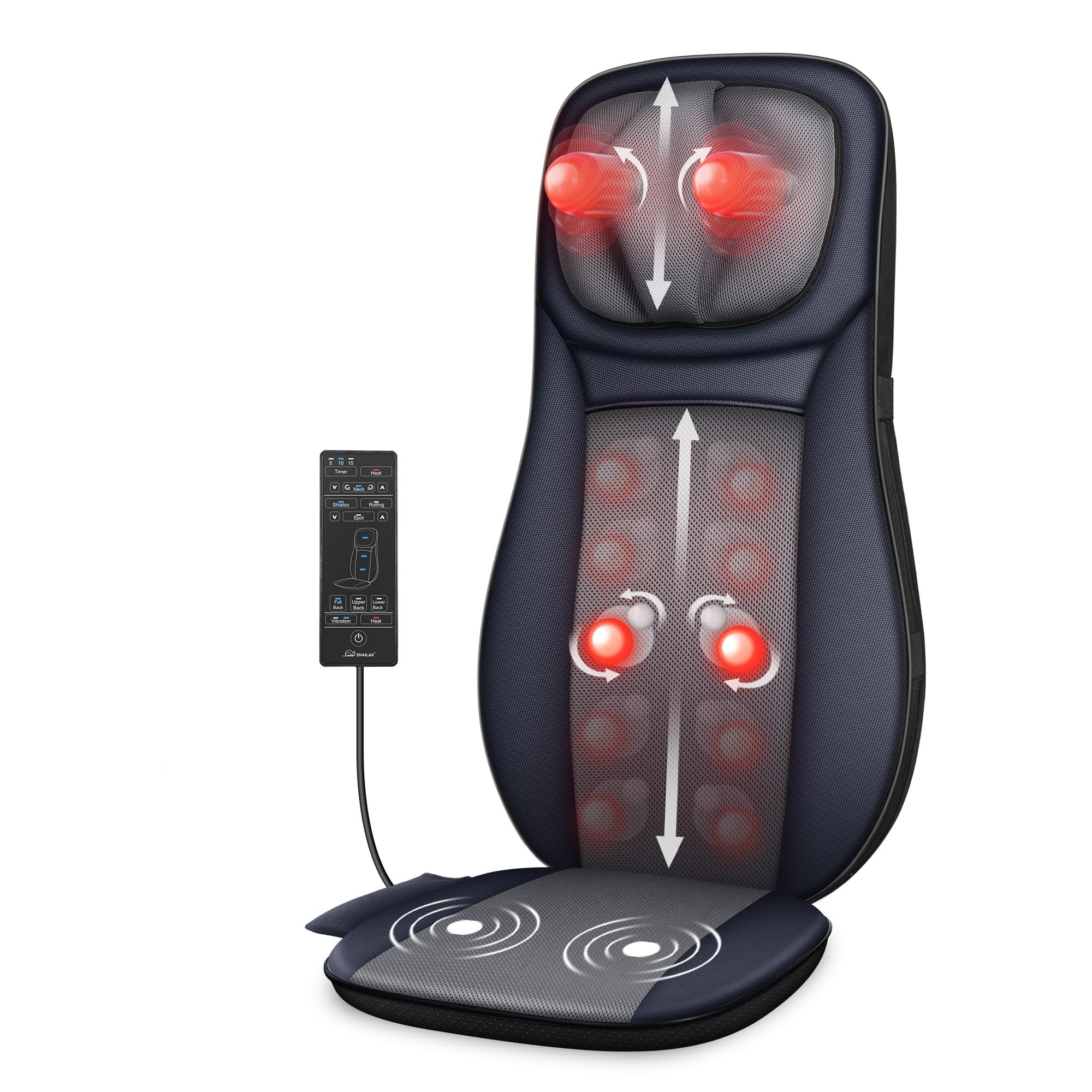 Snailax shiatsu Neck & Back Massager with Heat, Full Back Kneading Shiatsu or Rolling Massage, Massage Chair pad with Height Adjustment, Back Massager for Neck and Shoulder