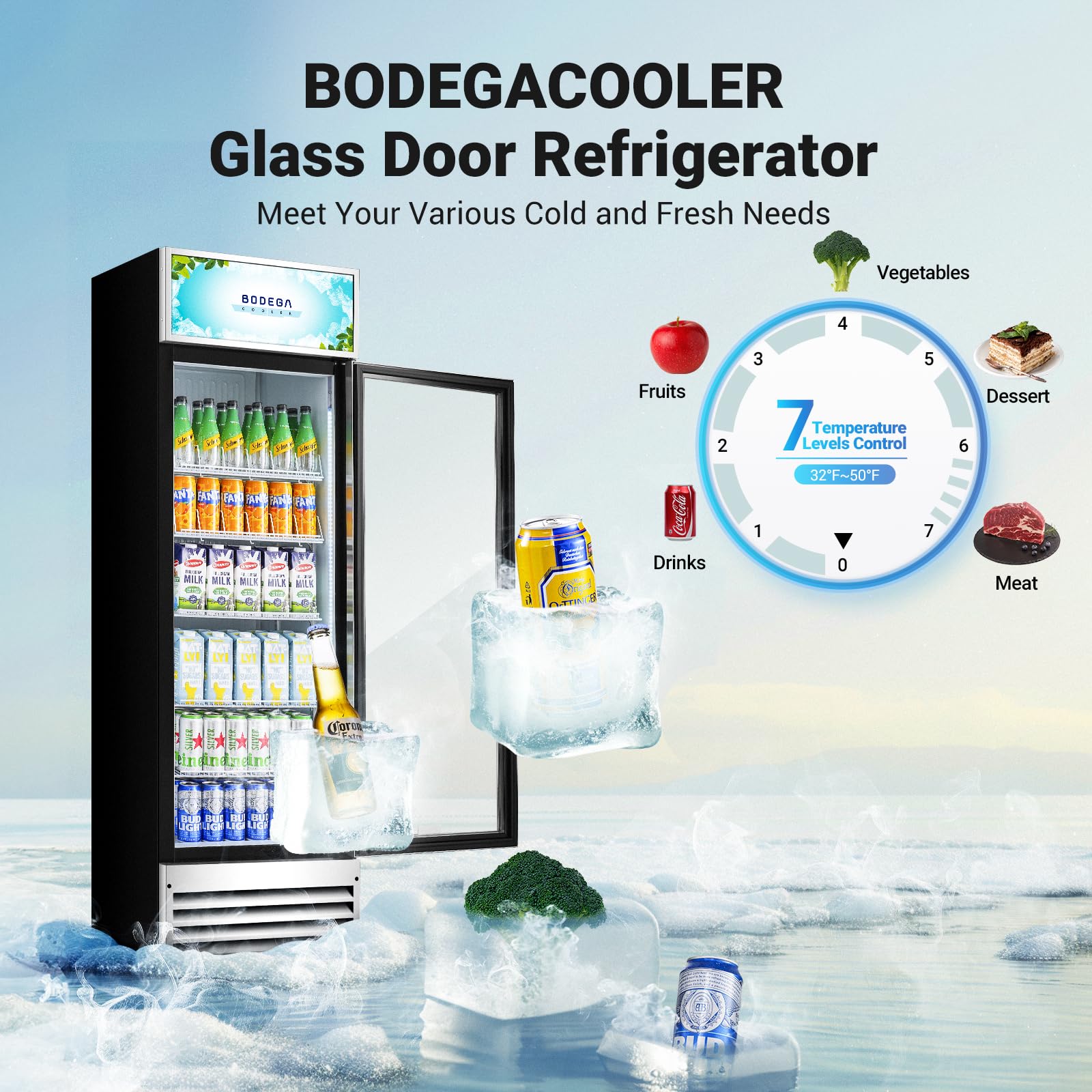 BODEGACOOLER Commercial Merchandiser Refrigerator, 27.02 Cu.Ft Double Glass Door Beverage Cooler, Upright Display Refrigerator with Soft LED Light, Adjustable Shelves, 4 Heavy-Duty Casters, Black