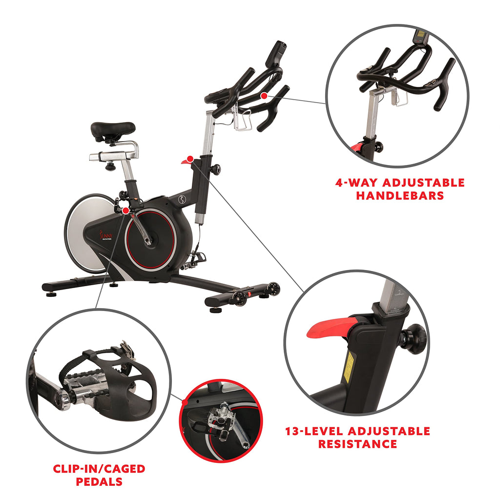 Sunny Health & Fitness Indoor Intensive Cycling Exercise Bike, Adjustable Cardio Training Exerciser w/Emergency Brake for Home, Optional Free SunnyFit App Bluetooth Link + Electromagnetic Resistance