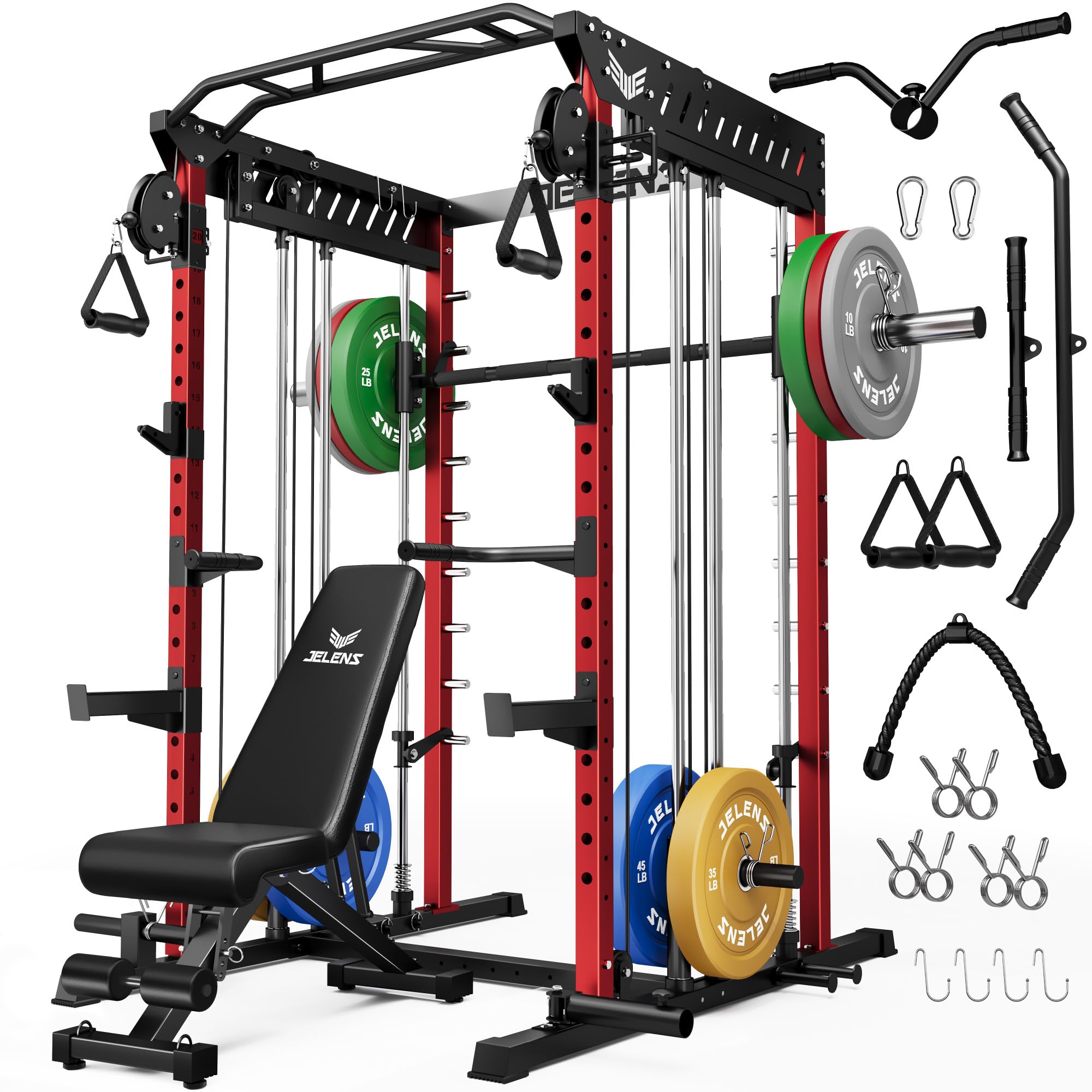 JELENS M21 Smith Machine, Multi-Function Power Cage with Dual Pulley Cable Crossover System, 2000LBS All-in-One Squat Rack with Smith Bar and Attachments for Home Gym