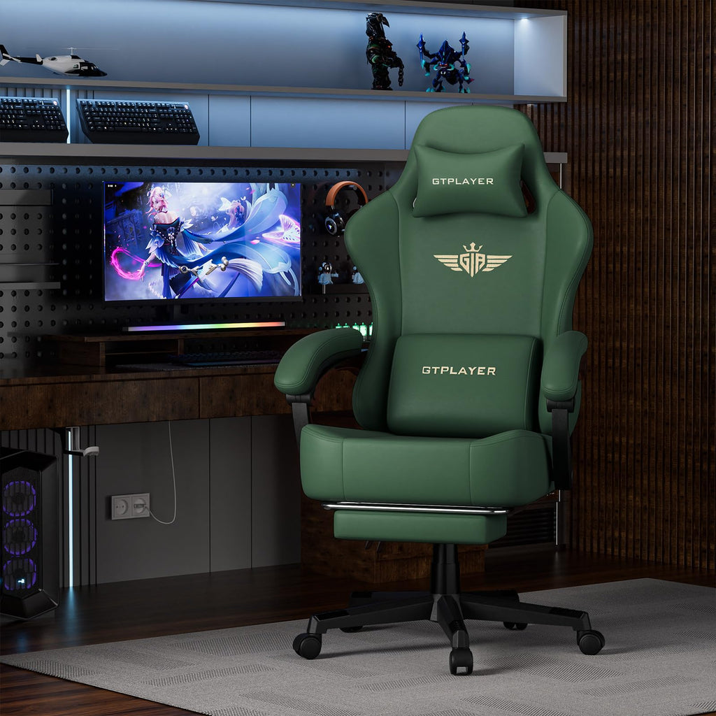 GTPLAYER Gaming Chair with Pocket Spring Cushion, Big and Tall Gamings Chairs 350LBS High Back Computer Chair with Footrest for Adults Lumbar Support Swivel Game Chair for Office,Leather Black-Massage