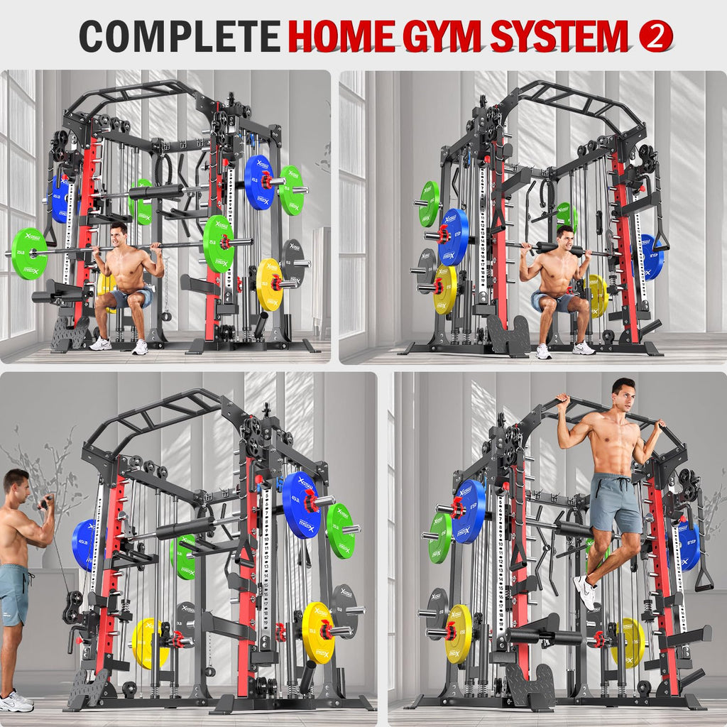 Smith Machine with Cable Crossover System, Multi-Function Squat Rack Power Cage for Home Gym, Power Rack and Packages Weight Sets