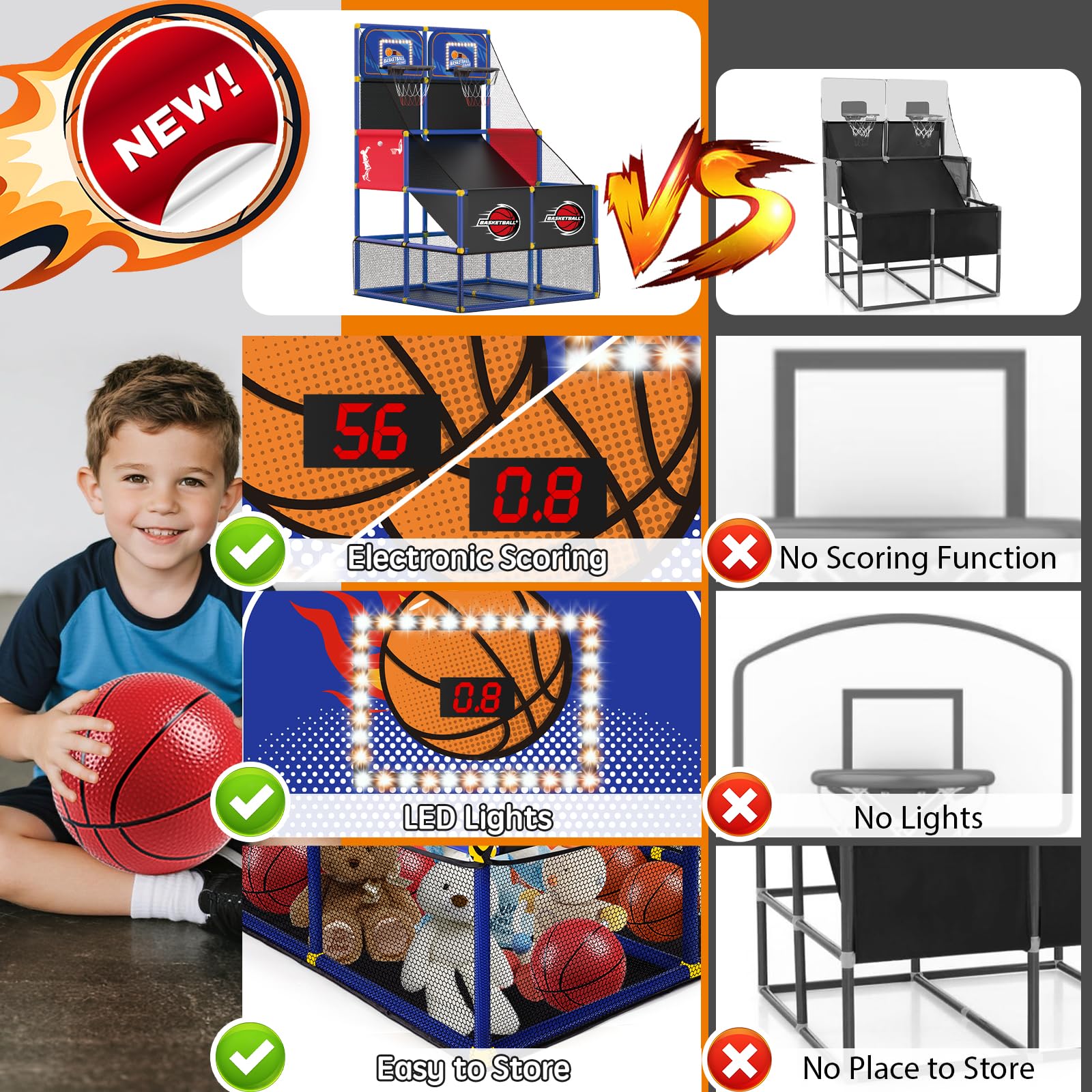 Upgrade Dual Basketball Arcade Game Kids Basketball Hoop with Electronic Scoreboard LED Light 6 Balls Indoor Outdoor Sports Toys Gifts for Boys Girls Ages 3-8 (Red)